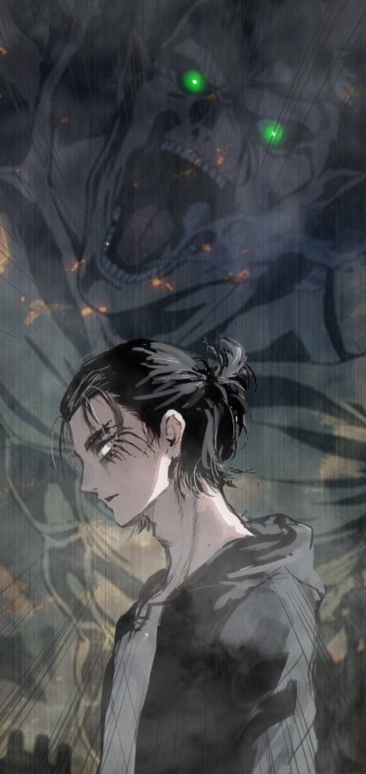 Eren Yeager, giant with glowing green eyes, rain, HD Phone Wallpaper