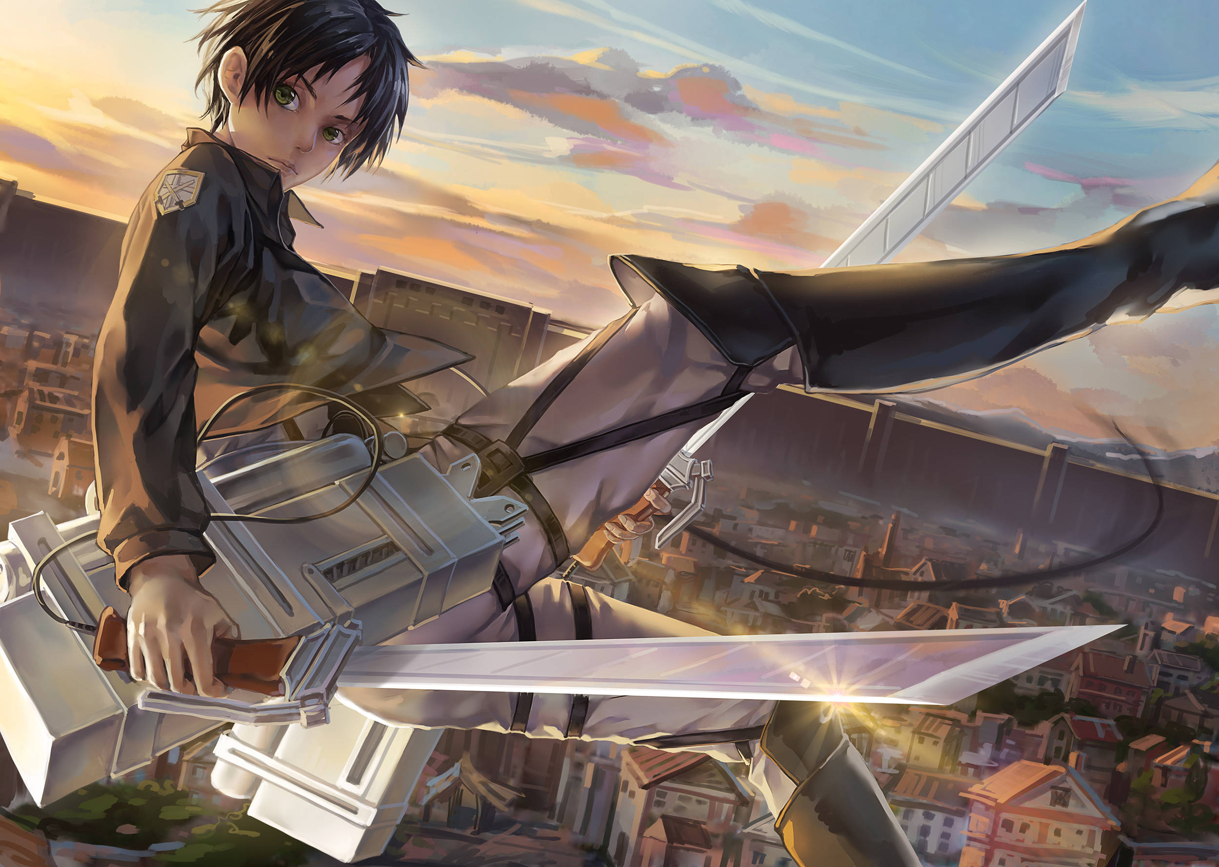 Eren Yeager, maneuver gear, cityscape, Full HD Desktop Wallpaper