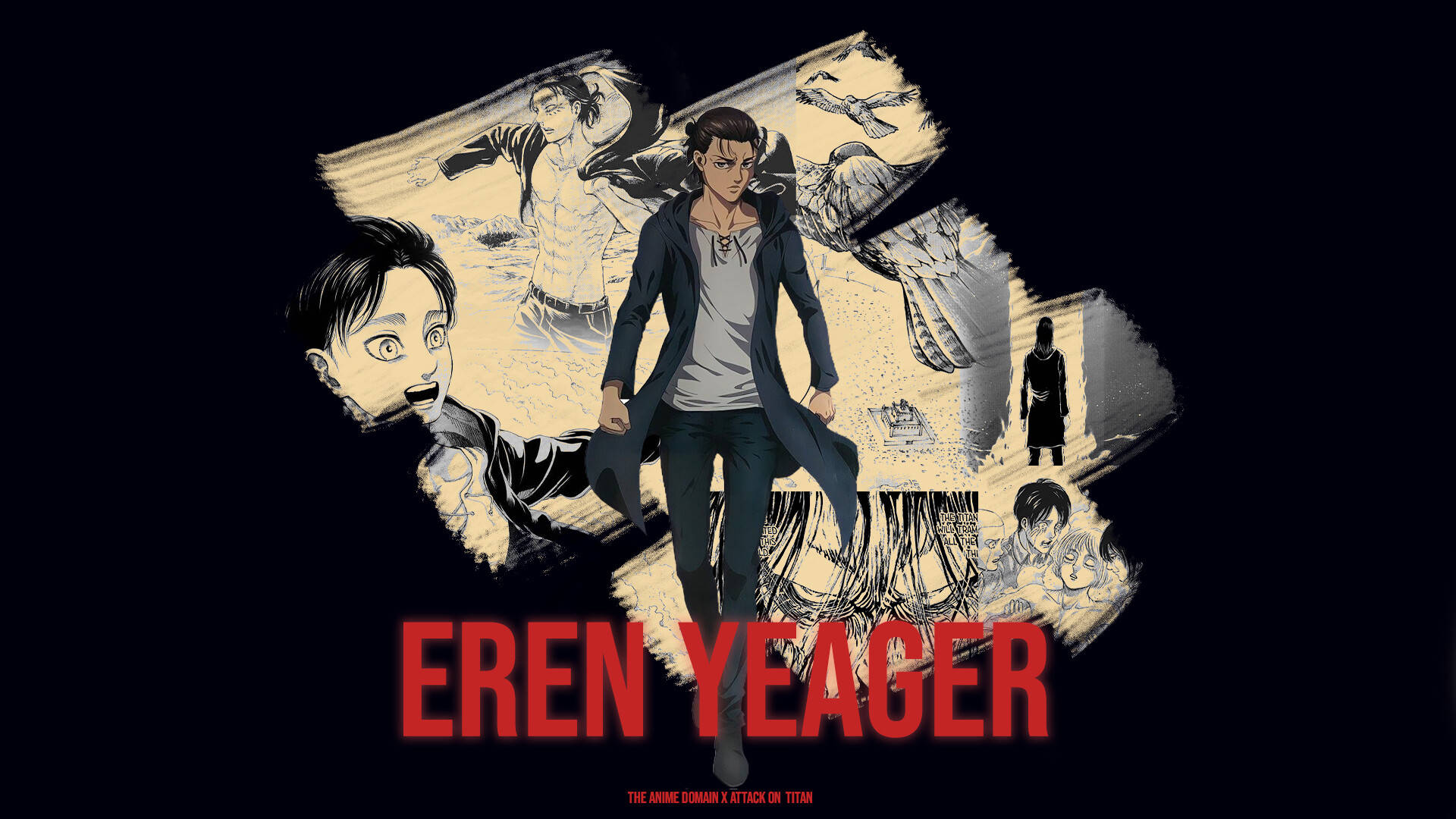 Eren Yeager, dark coat, fragmented action scenes, Full HD Desktop Wallpaper