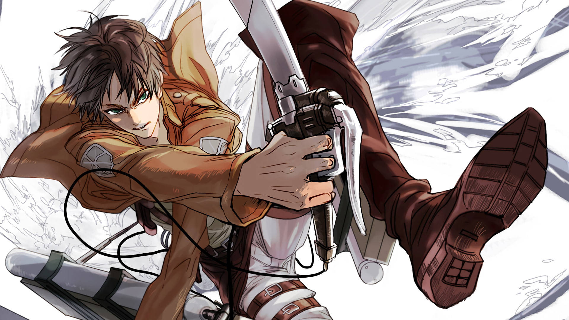 Eren Yeager, brown uniform, sword, Full HD Desktop Wallpaper
