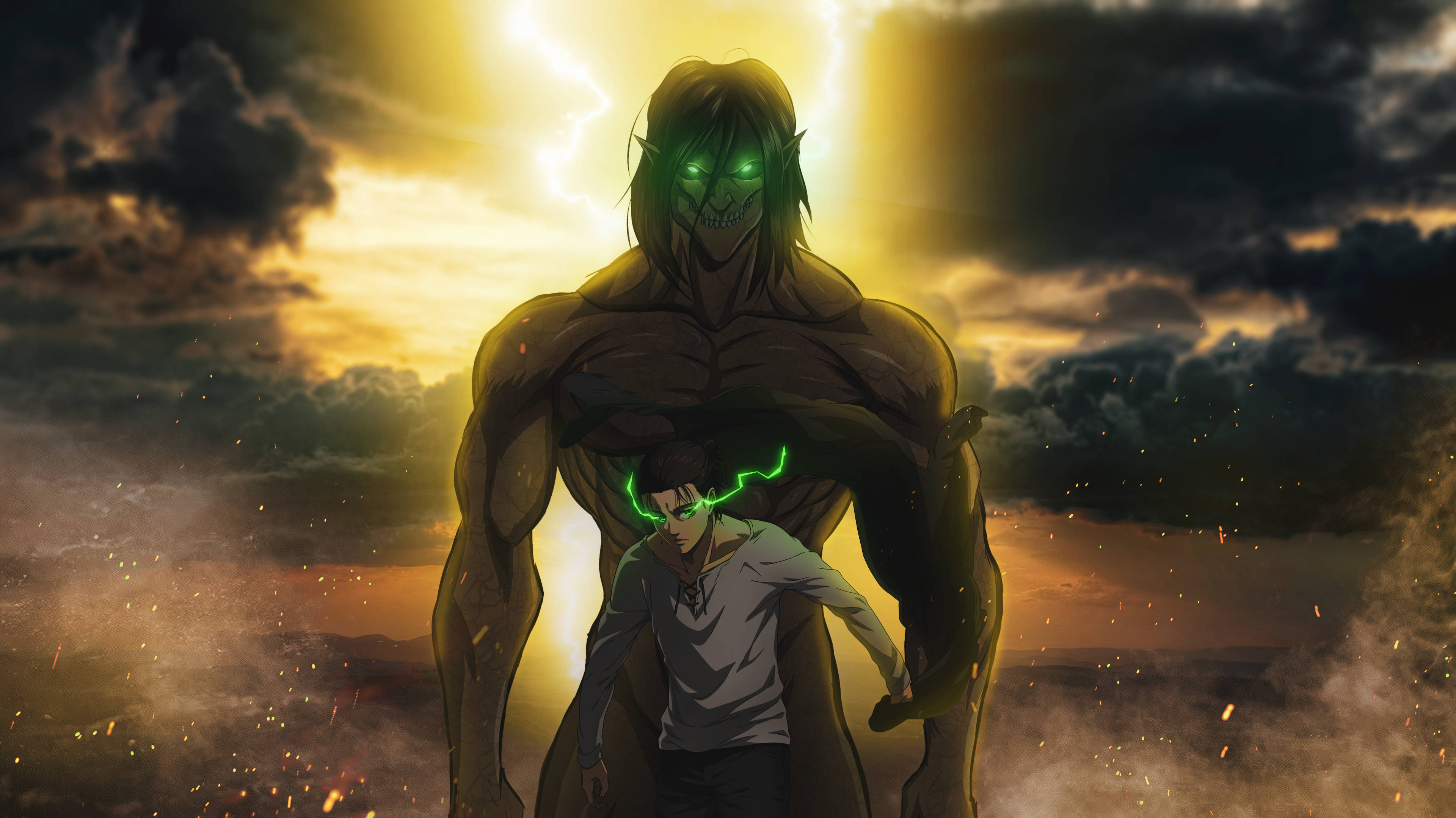 Eren Yeager, giant titan, glowing green eyes, 4K Desktop Wallpaper