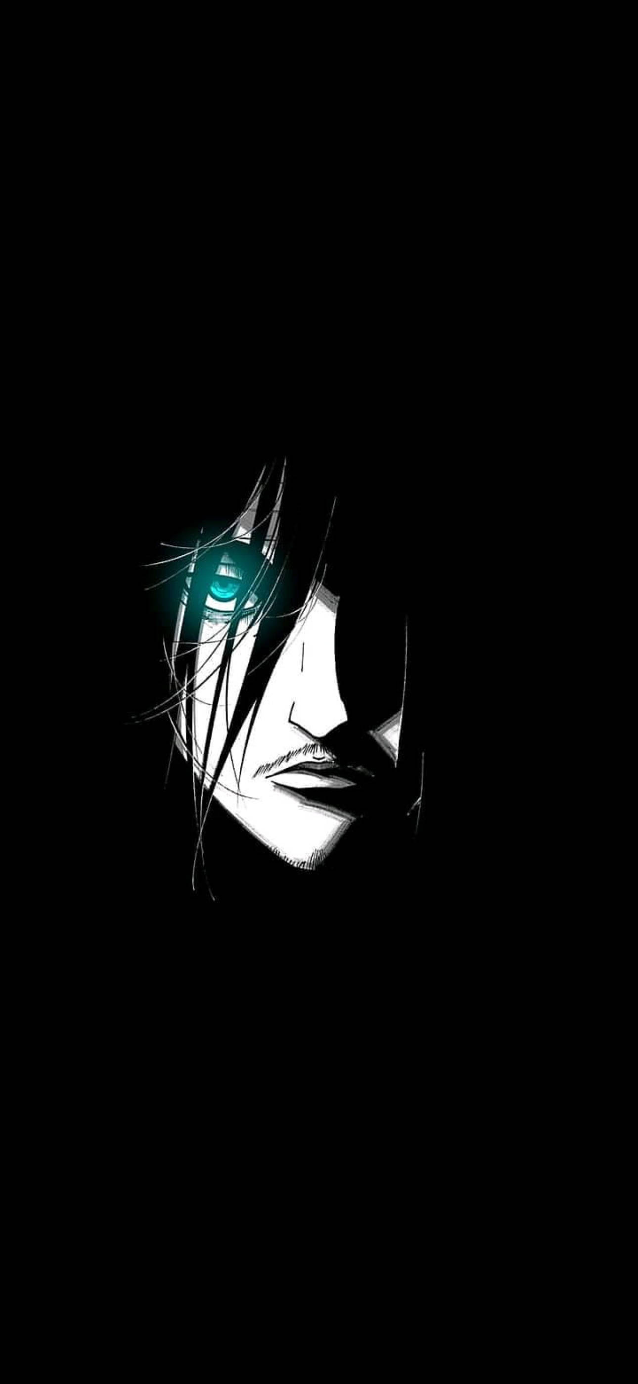 Eren, glowing cyan eye, half-visible face, 2K Phone Wallpaper