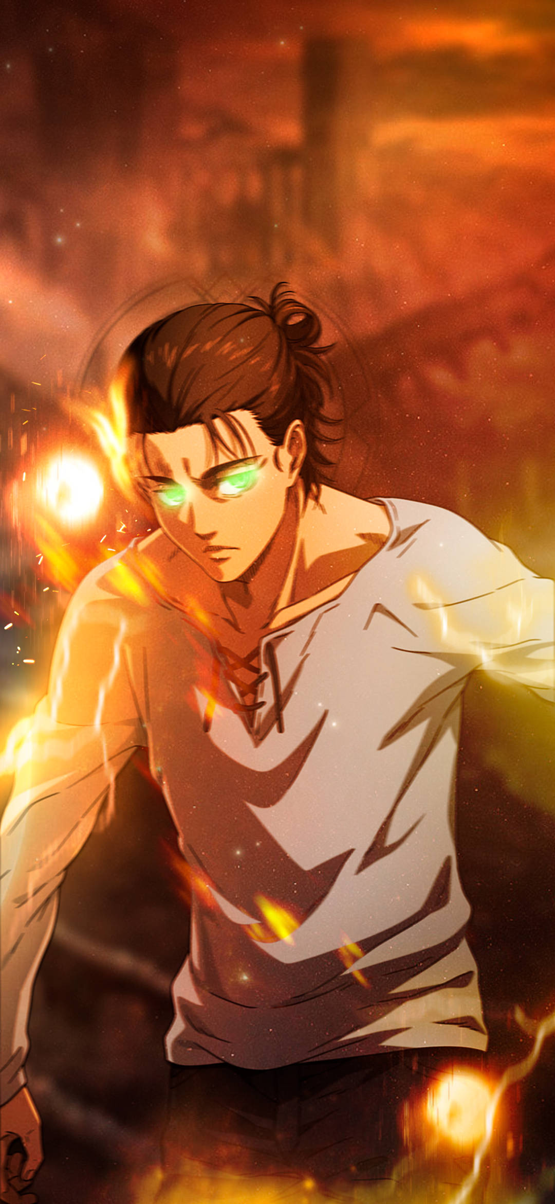 Eren, glowing green eyes, fiery energy bursts, Full HD Phone Wallpaper