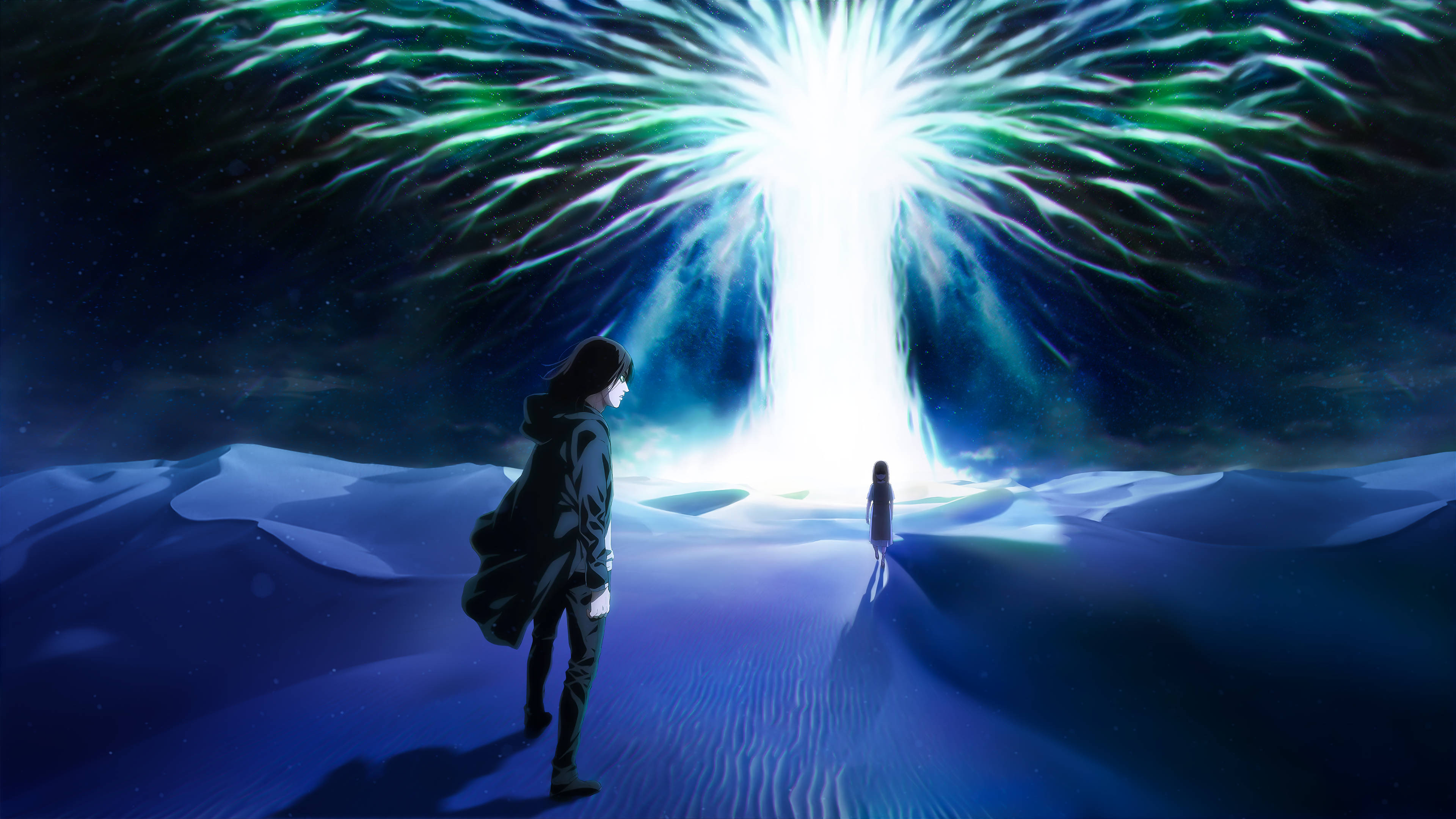 Eren, frozen wasteland, radiant green and white cosmic portal, 4K Desktop Wallpaper