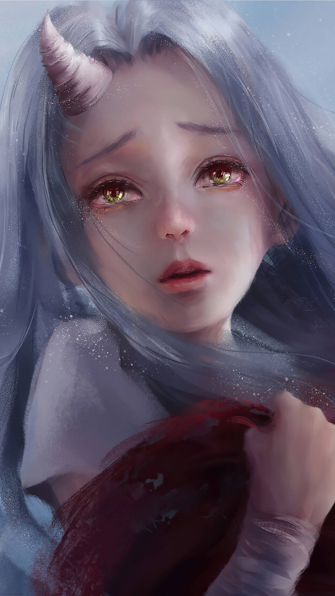 Eri, silver hair, horns, Full HD Phone Wallpaper