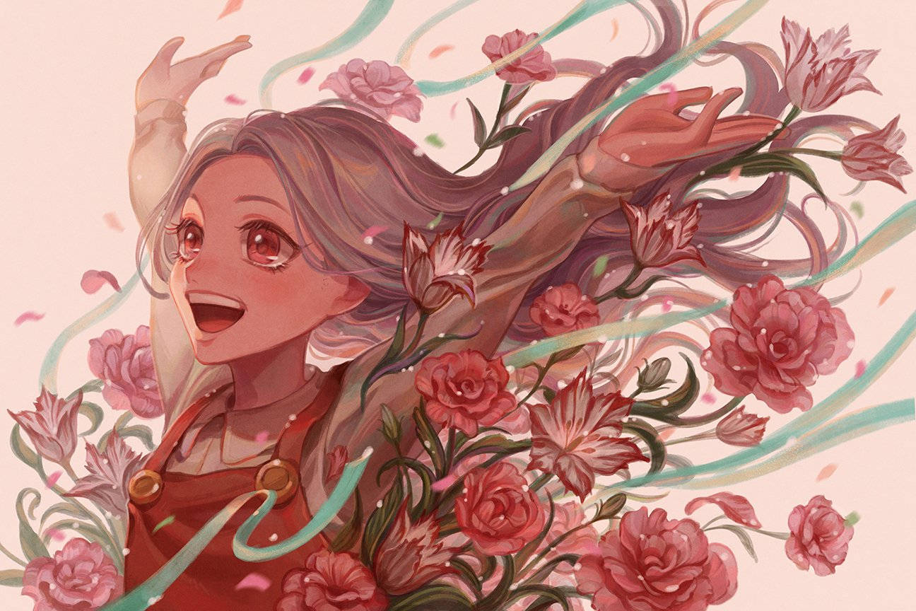 Eri, red overalls, pink flowers, HD Desktop Wallpaper
