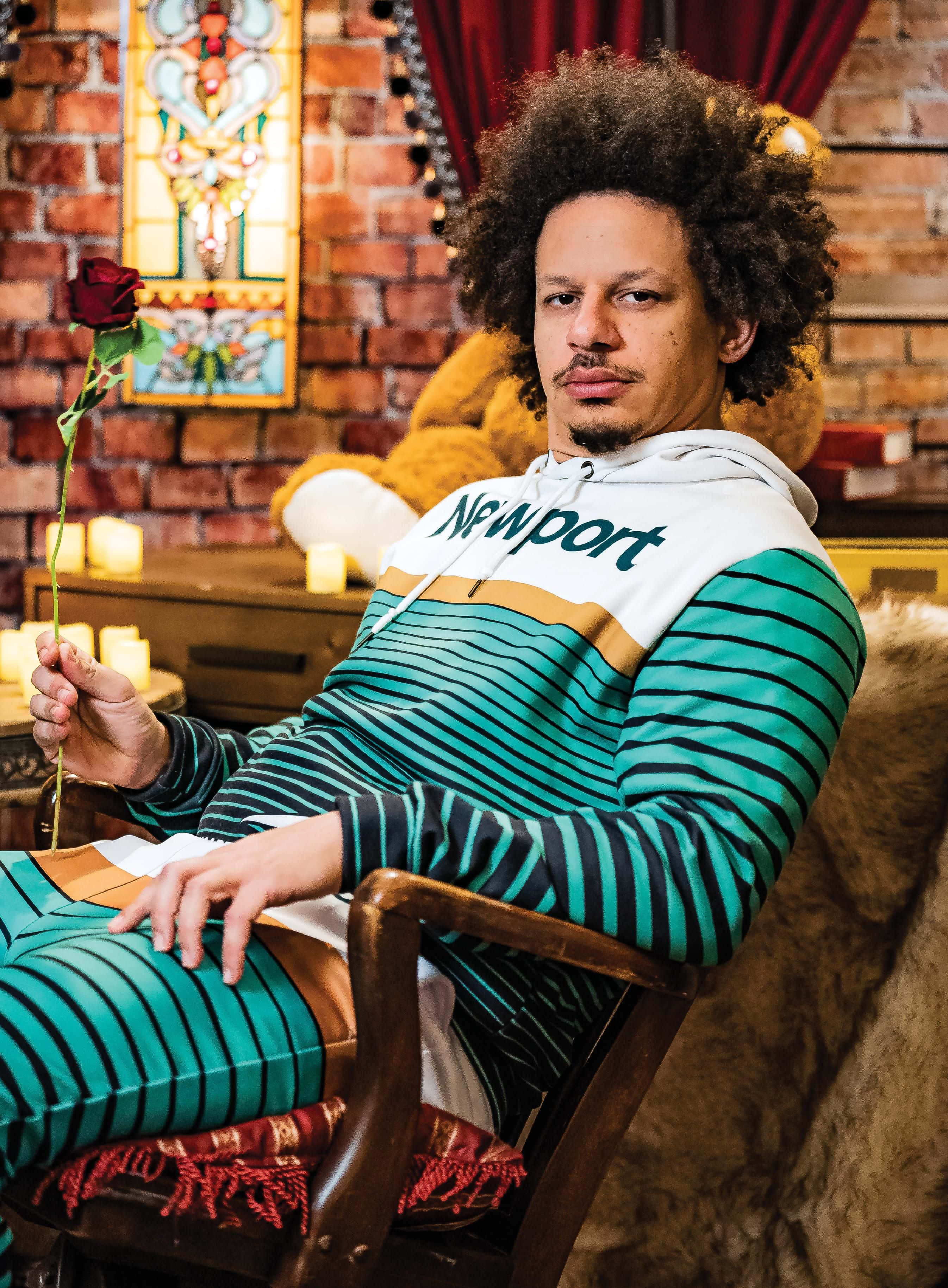 Eric Andre, red rose, brick wall, 2K Phone Wallpaper