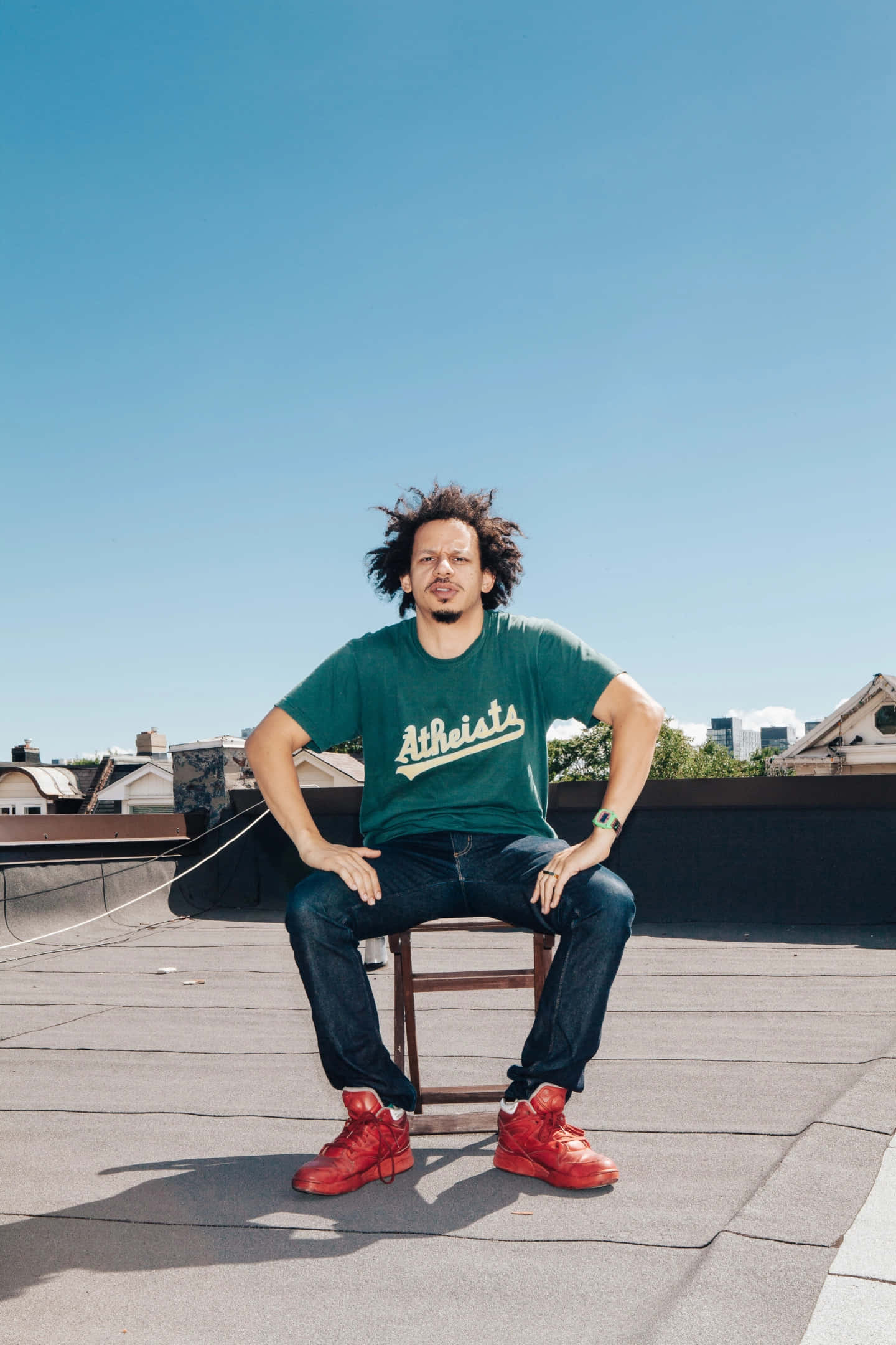 Eric Andre, rooftop, green Atheists t-shirt, Full HD Phone Wallpaper