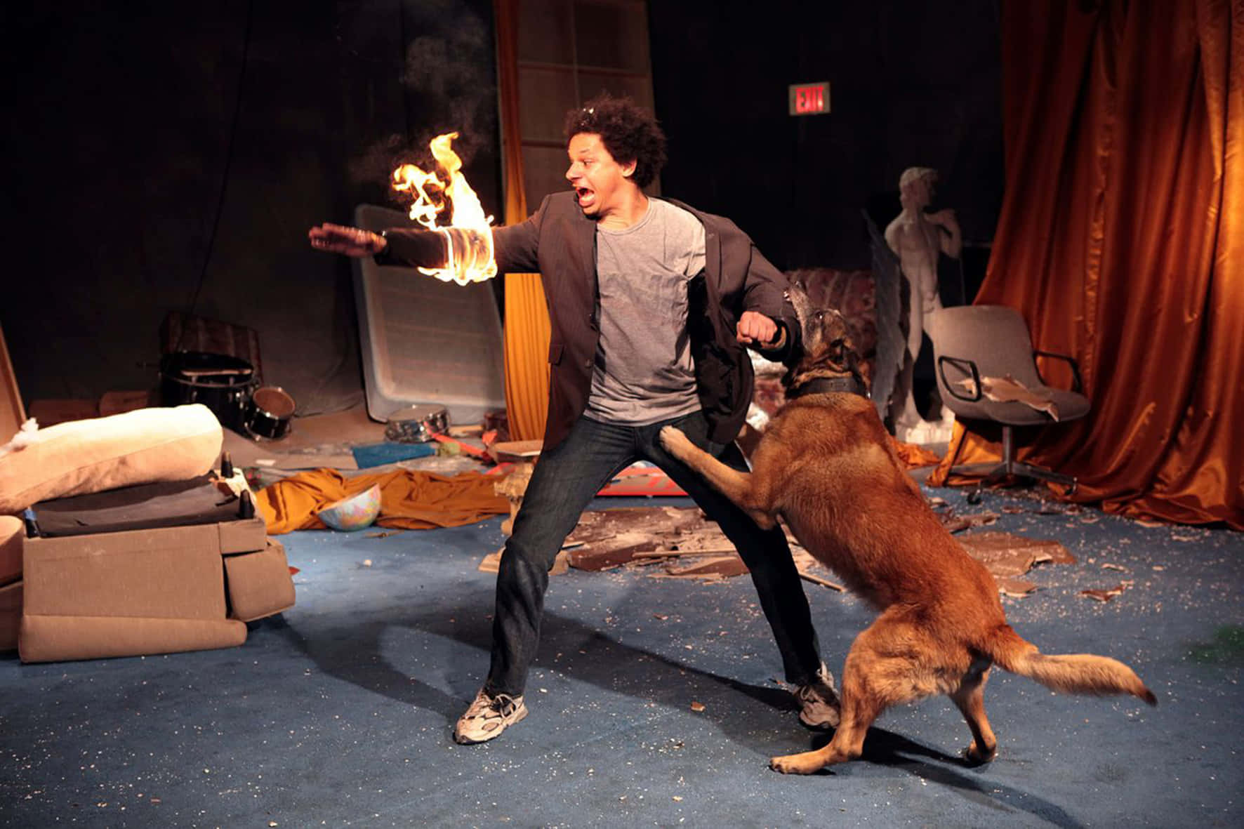 Eric Andre, flaming arm, dog attack, HD Desktop Wallpaper