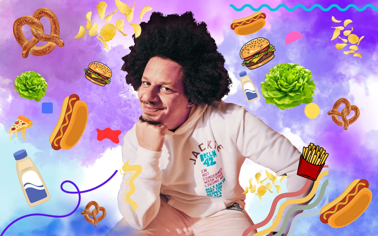Eric Andre, afro, floating fast food icons, HD Desktop Wallpaper