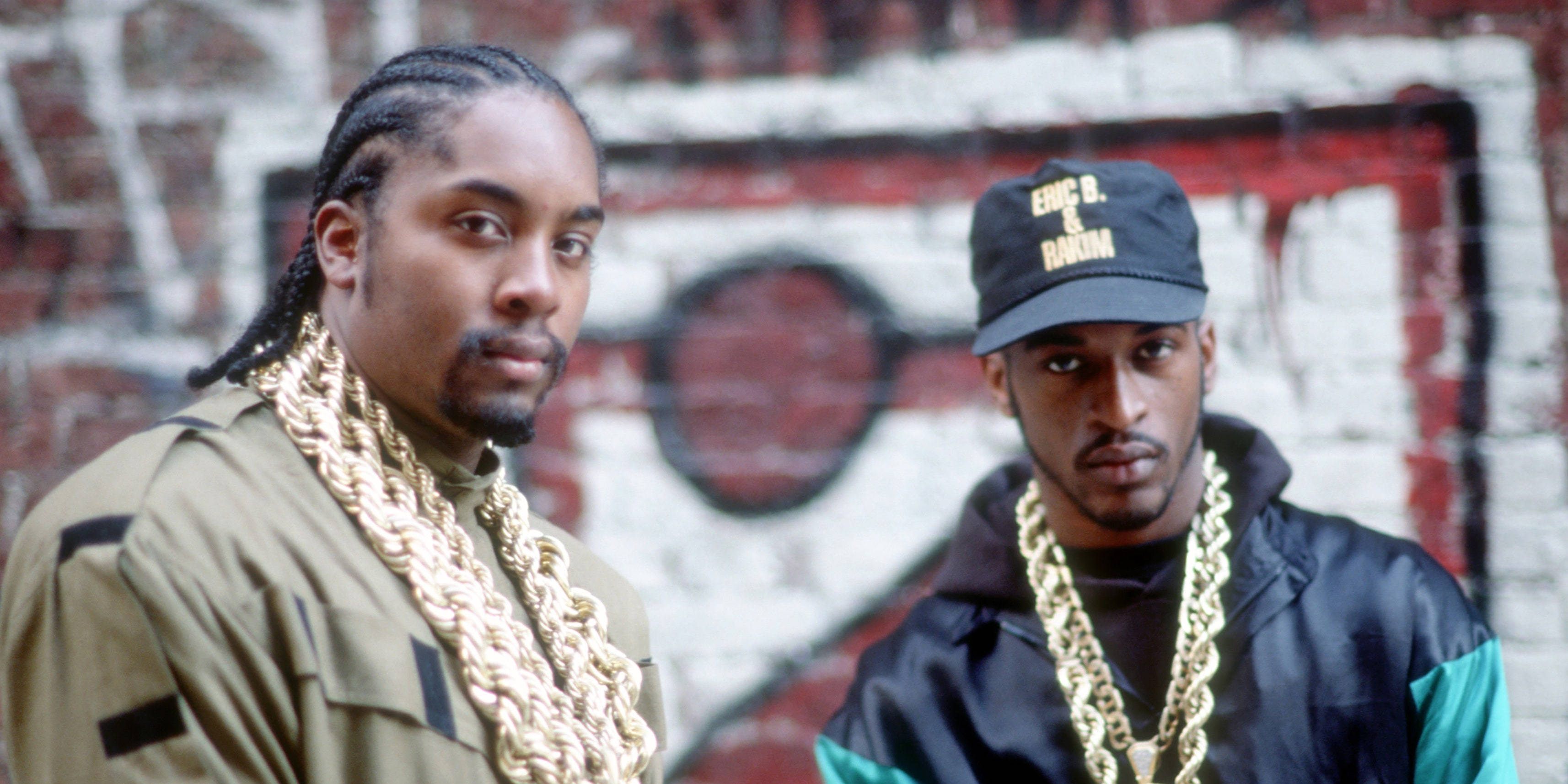 Eric B And Rakim, gold chains, graffiti-covered brick wall, 2K Desktop Wallpaper