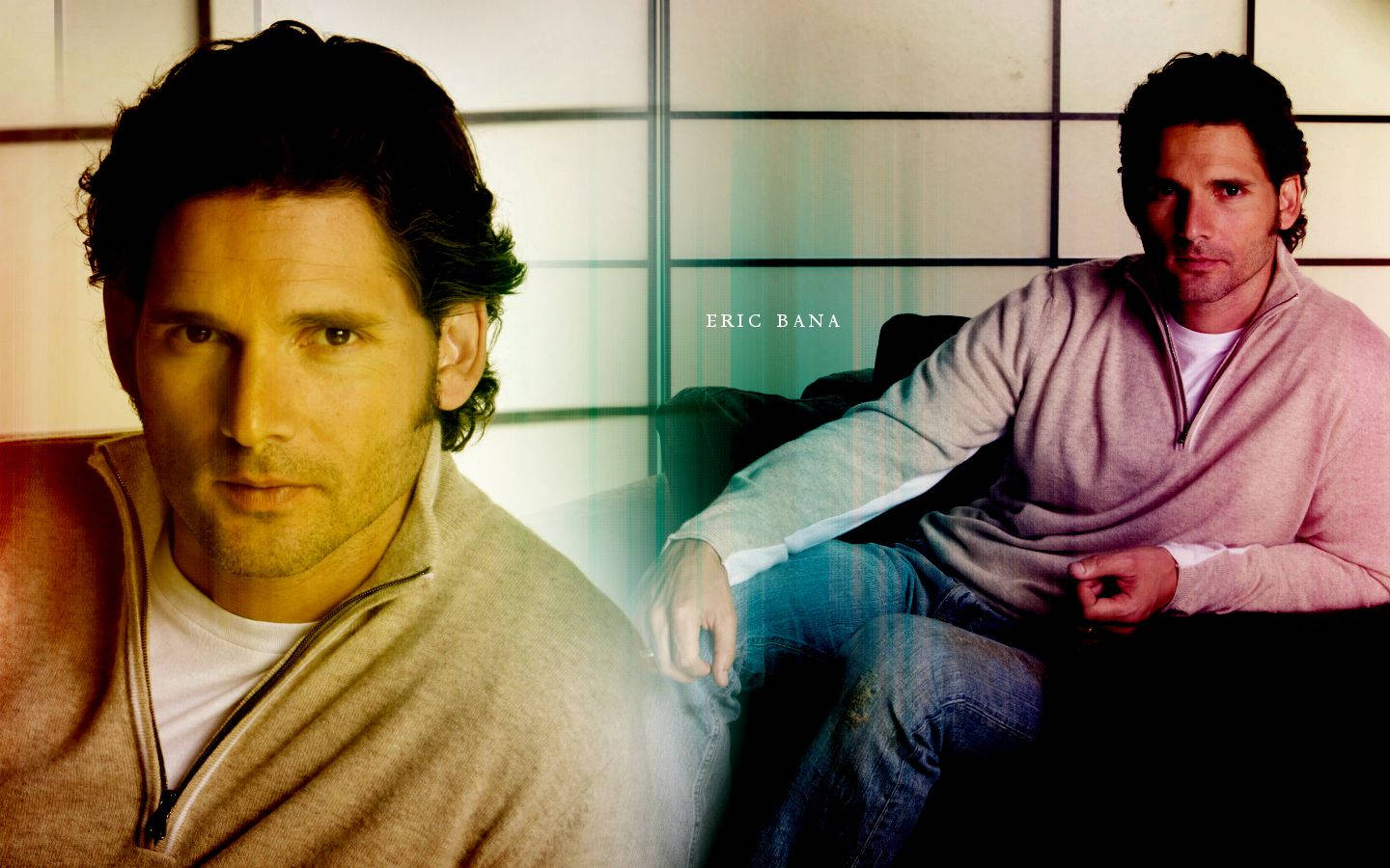 Eric Bana, beige zip-up sweater, modern grid wall, HD Desktop Wallpaper