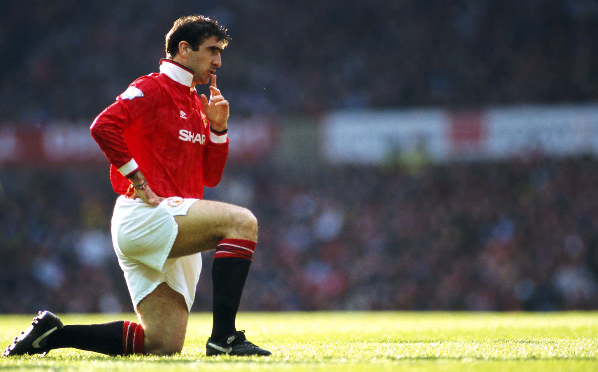 Eric Cantona, red jersey, grass pitch, Full HD Desktop Wallpaper