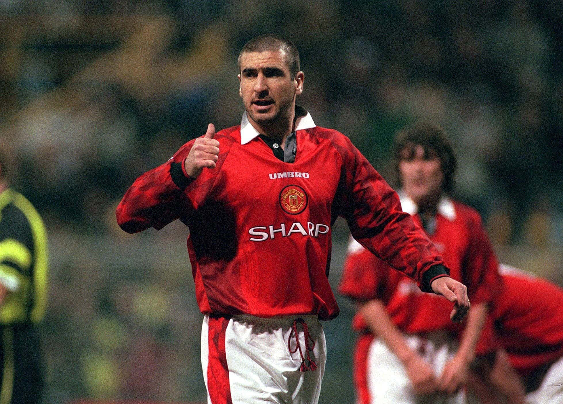 Eric Cantona, red Manchester United jersey, stadium lights, Full HD Desktop Wallpaper