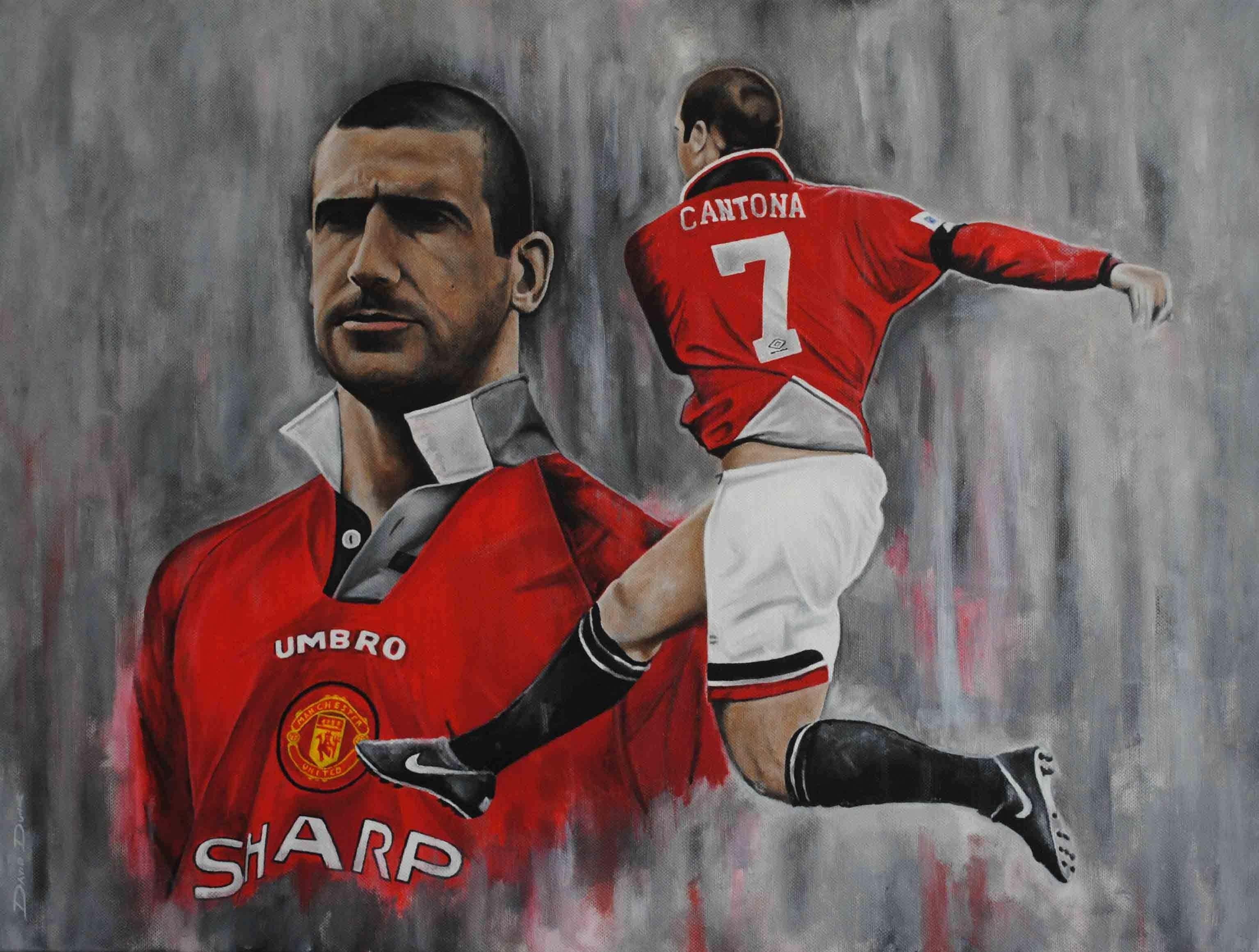 Eric Cantona, red Manchester United jersey, gray textured background, 2K Desktop Wallpaper