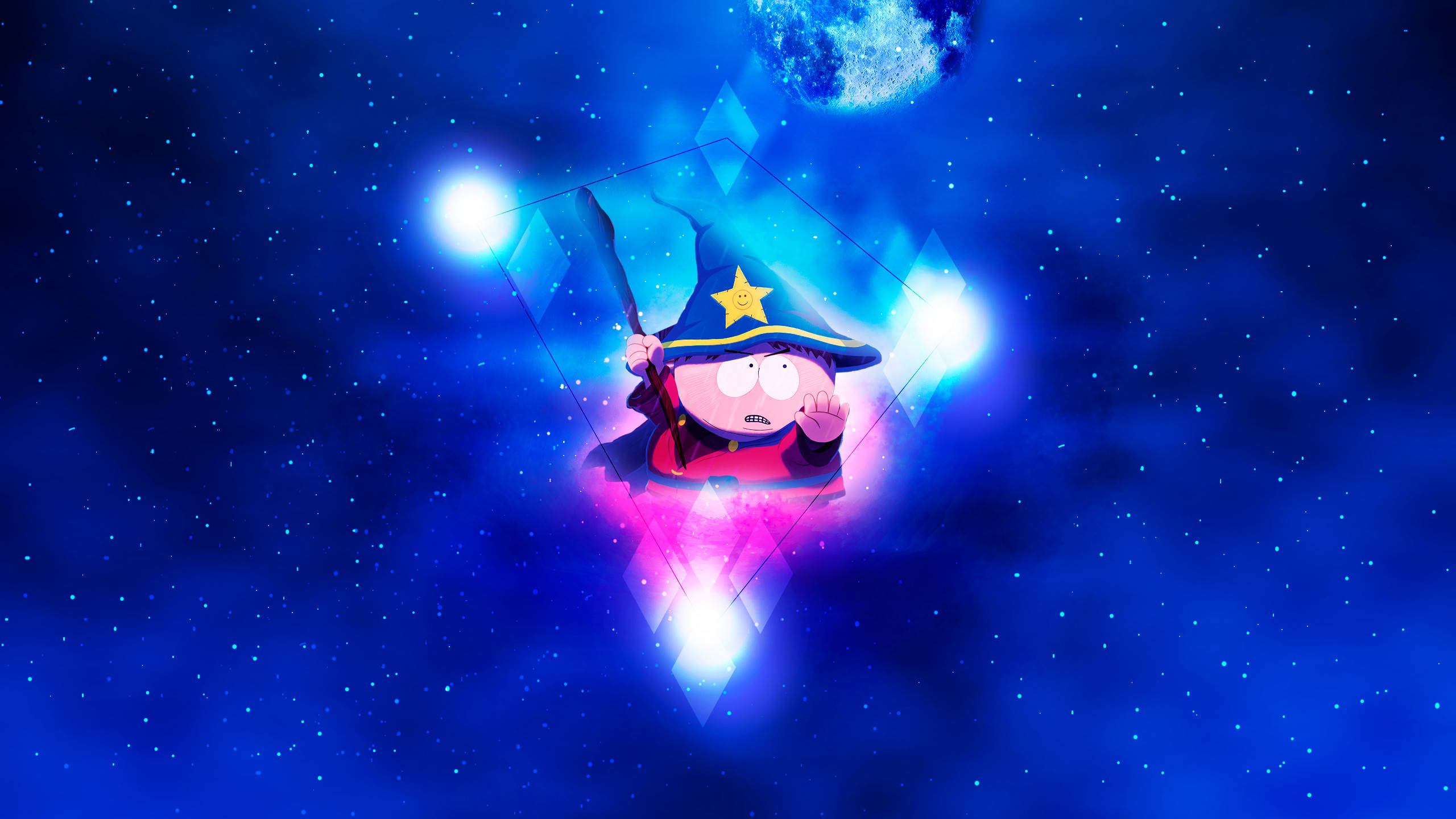 Eric Cartman, magical intergalactic sorcerer, starry blue space, 2K Desktop Wallpaper