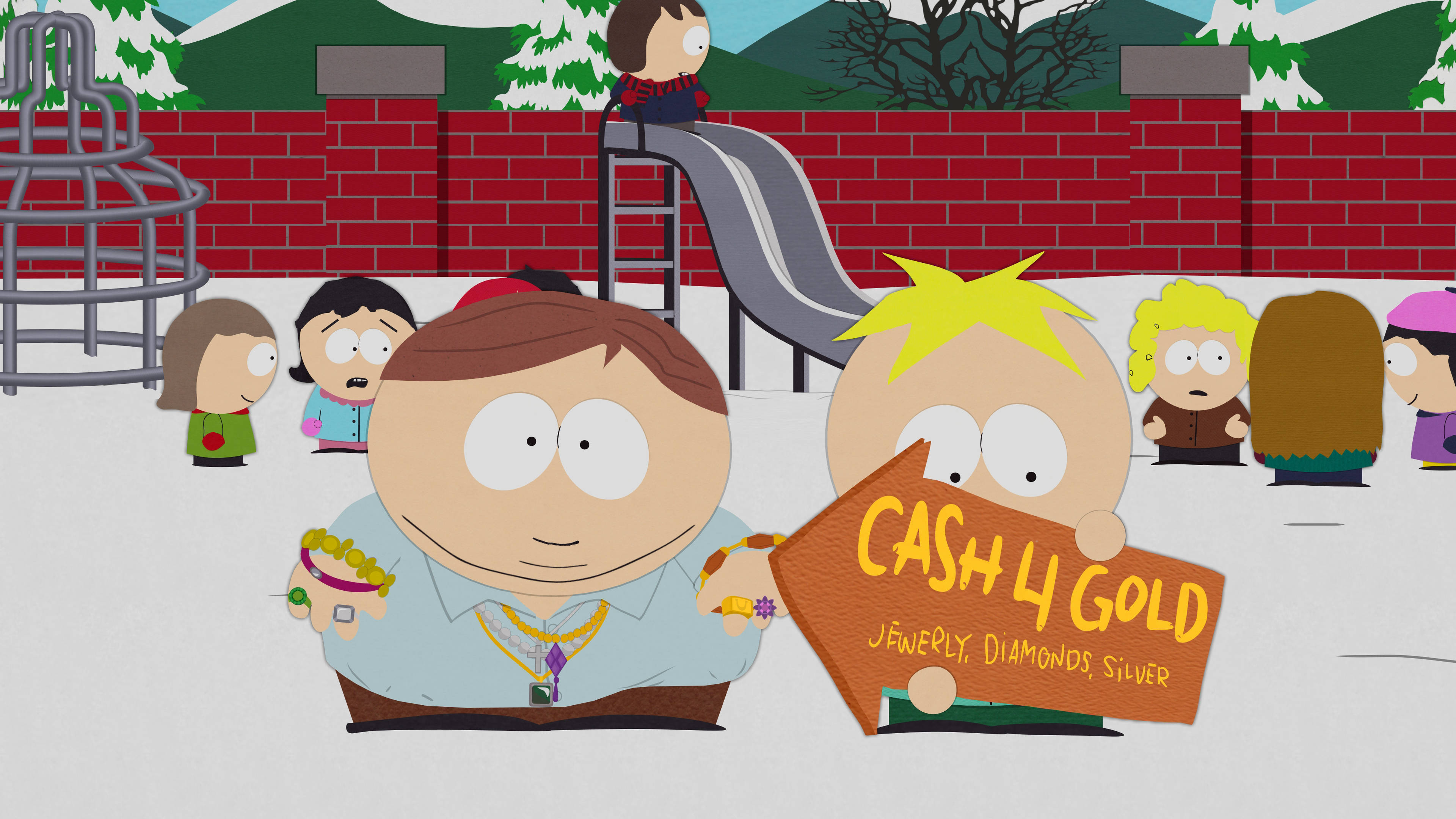 Eric Cartman, Cash For Gold, snowy playground, 4K Desktop Wallpaper