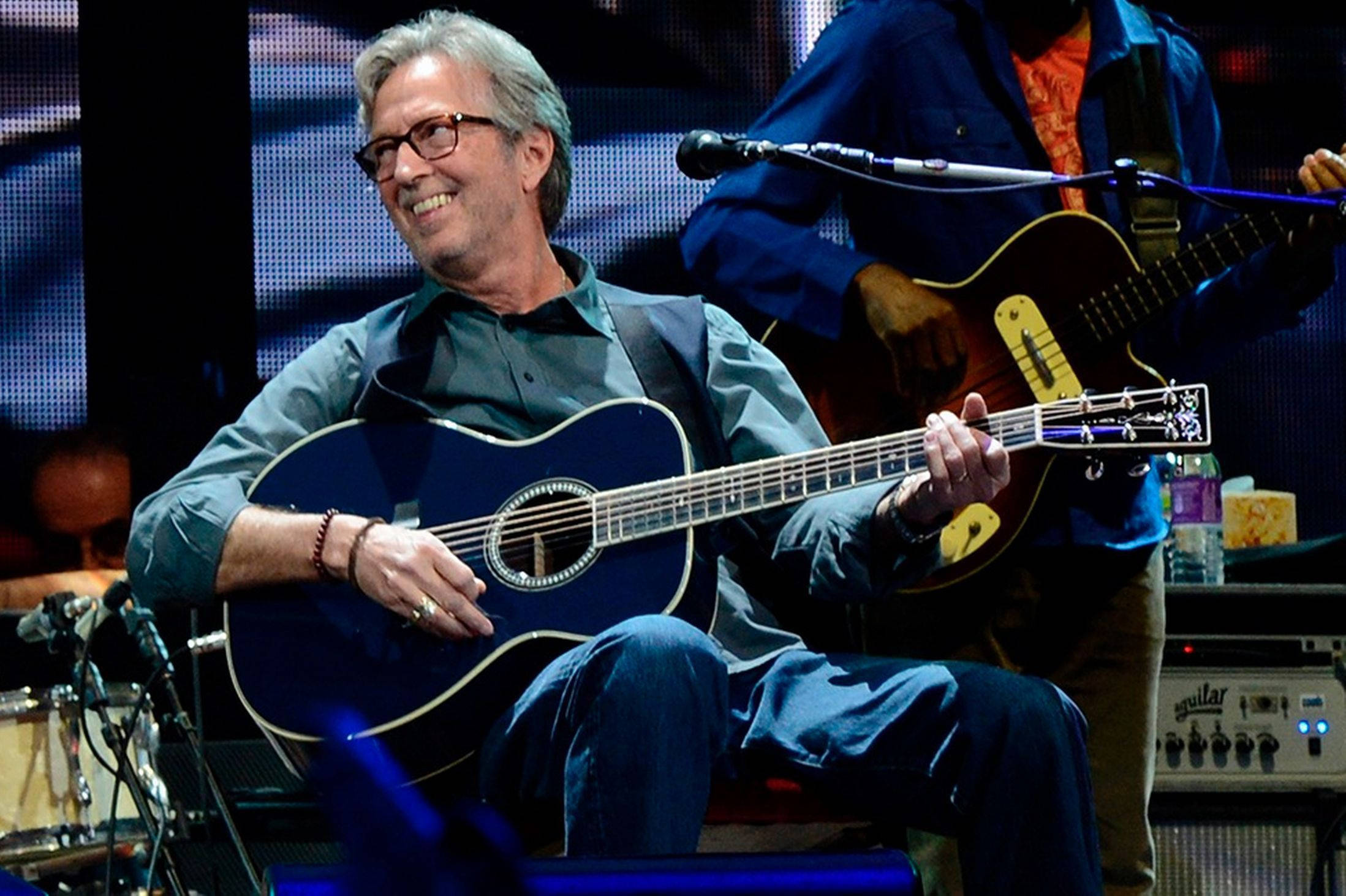 Eric Clapton, blue acoustic guitar, lit stage, Full HD Desktop Wallpaper