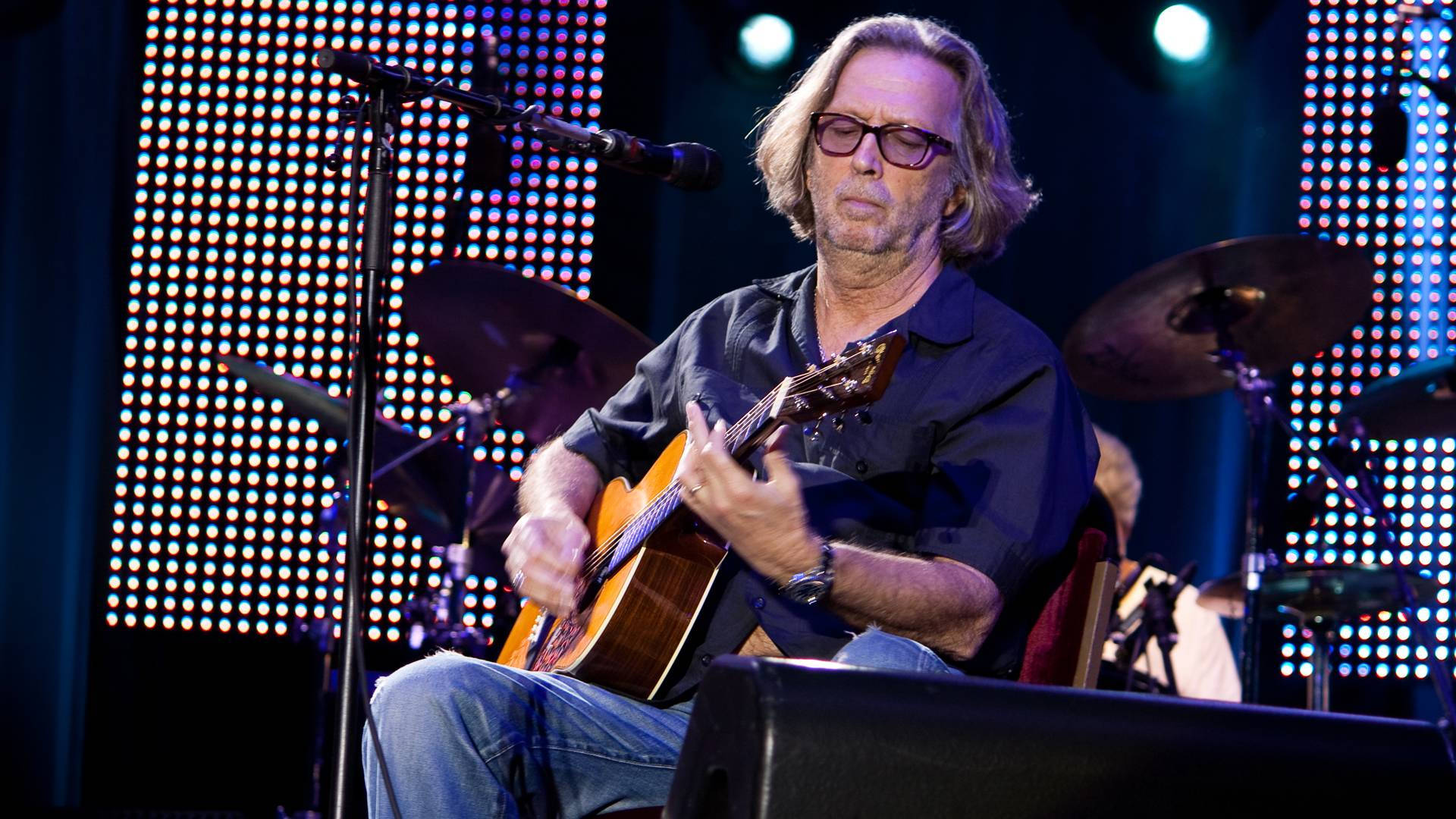 Eric Clapton, acoustic guitar, blue LED panels, Full HD Desktop Wallpaper