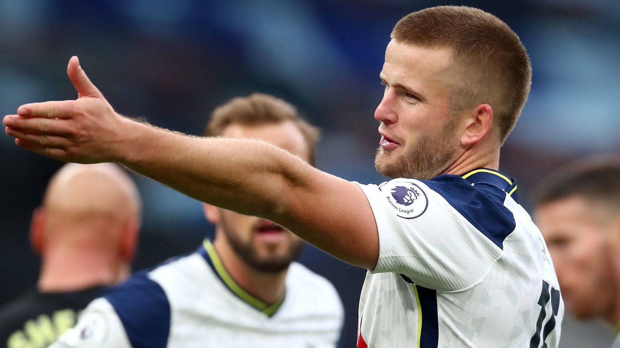 Eric Dier, white jersey, stadium pitch, Full HD Desktop Wallpaper