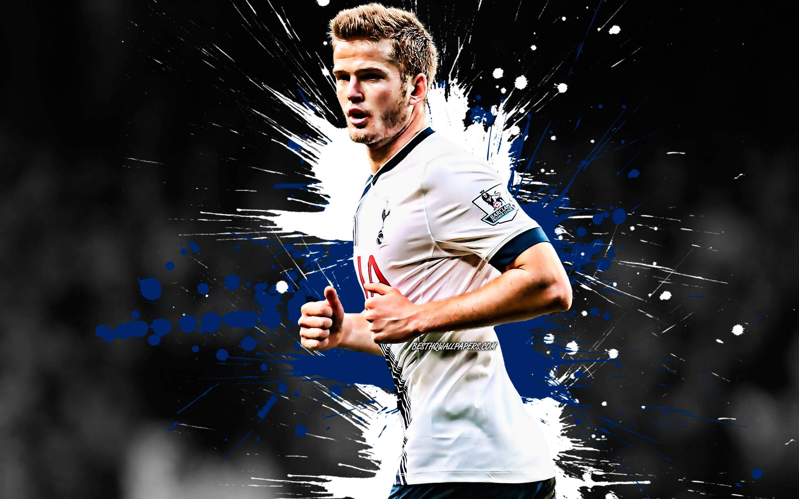 Eric Dier, white jersey, black and blue splatter background, 2K Desktop Wallpaper