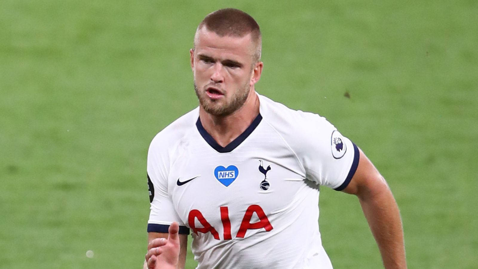 Eric Dier, white Tottenham kit, vibrant green pitch, HD Desktop Wallpaper