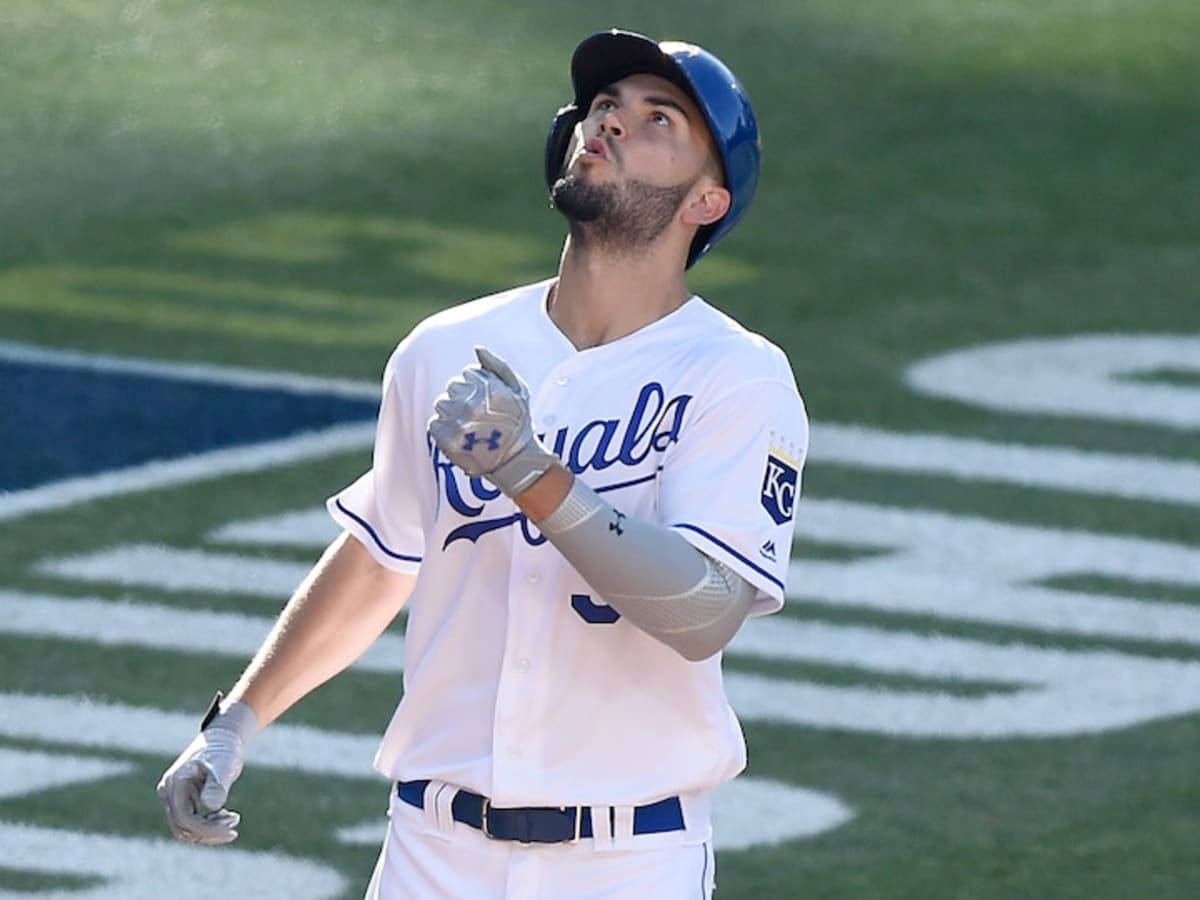 Eric Hosmer, white Royals uniform, sunlit field, SD Desktop Wallpaper
