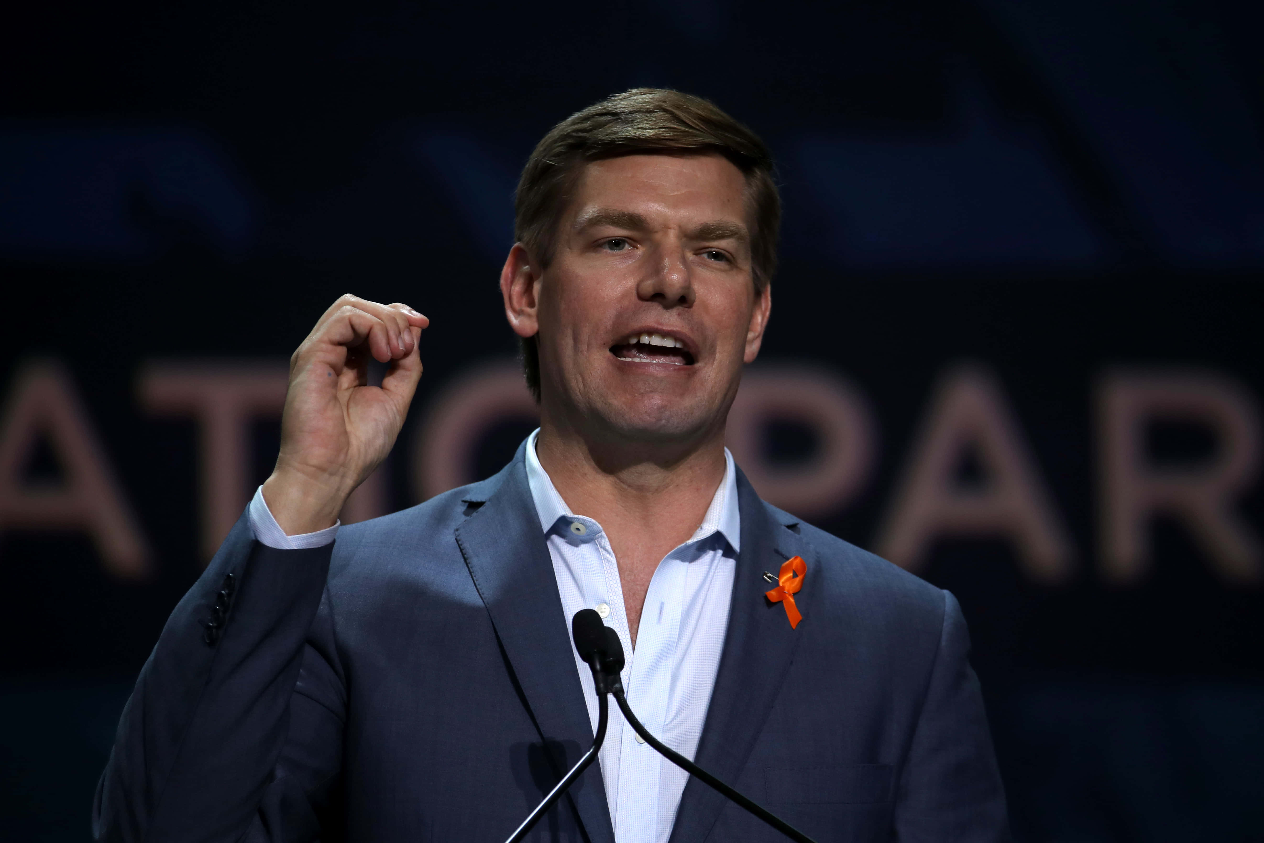 Eric Swalwell, podium, orange ribbon, 5K Desktop Wallpaper