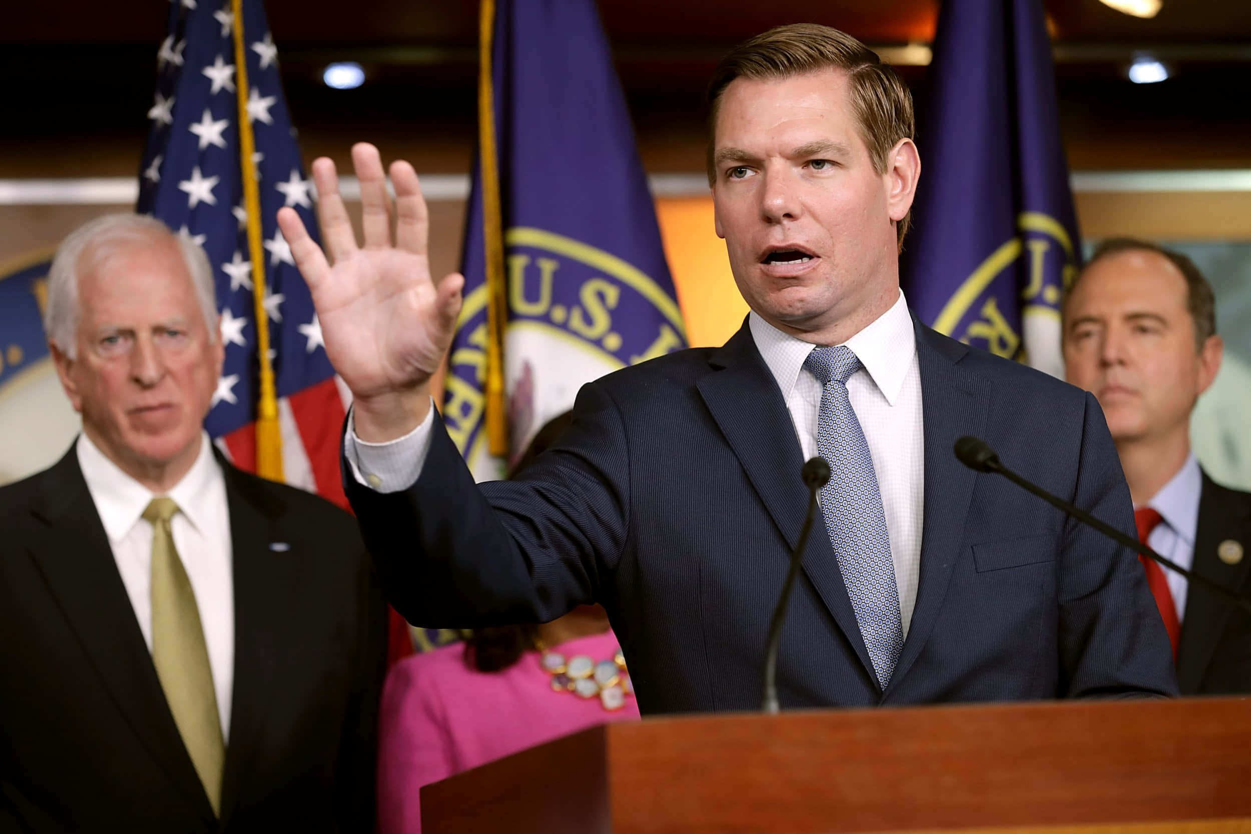 Eric Swalwell, podium, American flags, Full HD Desktop Wallpaper