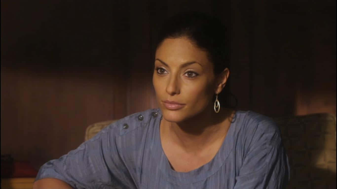 Erica Cerra, blue shirt, dim lighting, HD Desktop Wallpaper