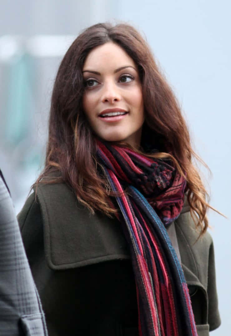 Erica Cerra, long brown hair, colorful striped scarf, SD Phone Wallpaper
