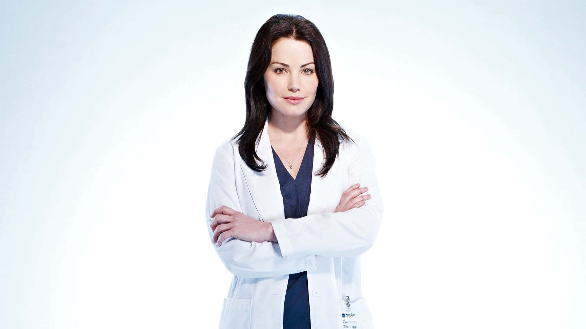 Erica Durance, white lab coat, bright white background, Full HD Desktop Wallpaper