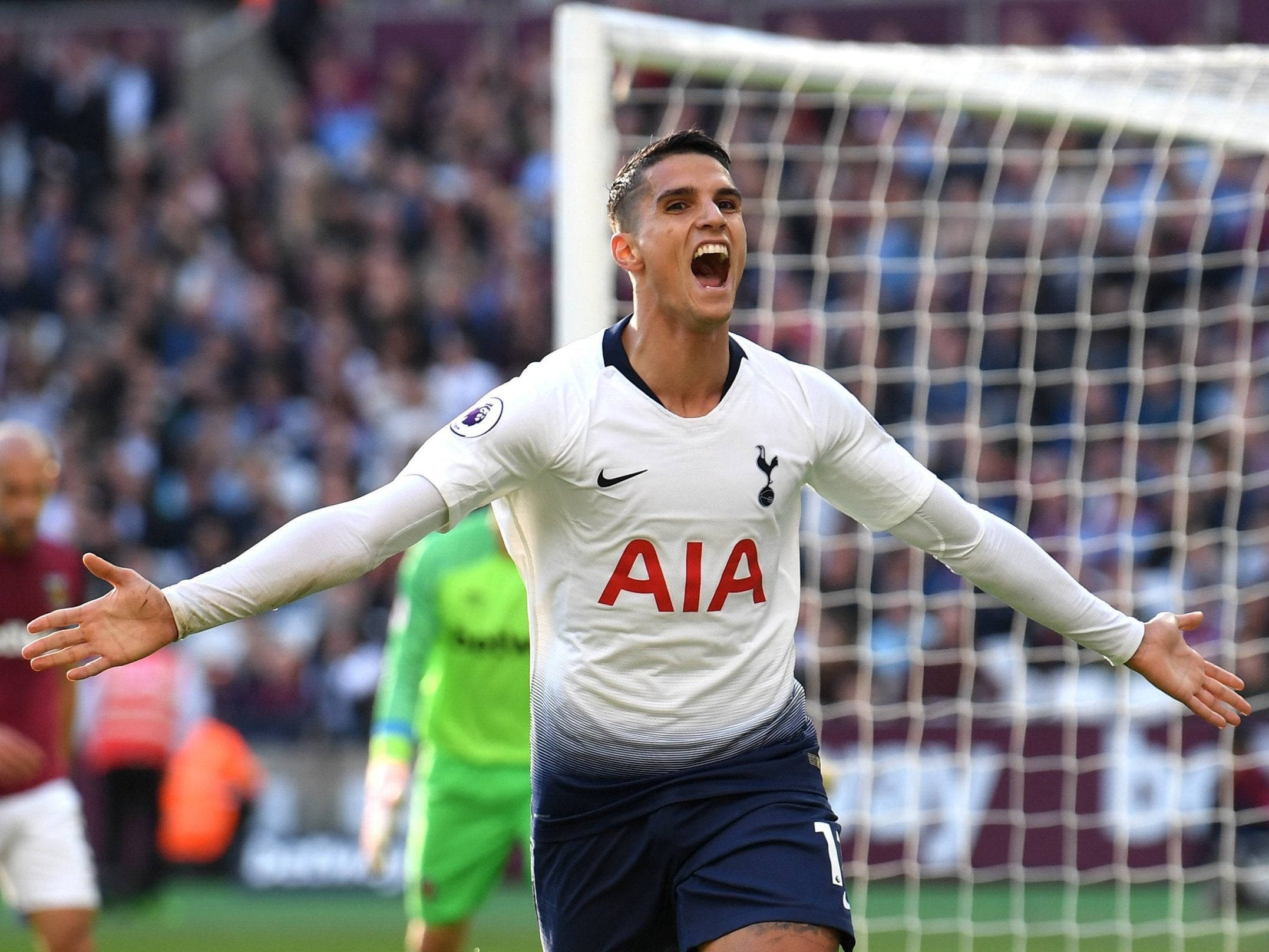 Erik Lamela, white Tottenham kit, goal net, Full HD Desktop Wallpaper