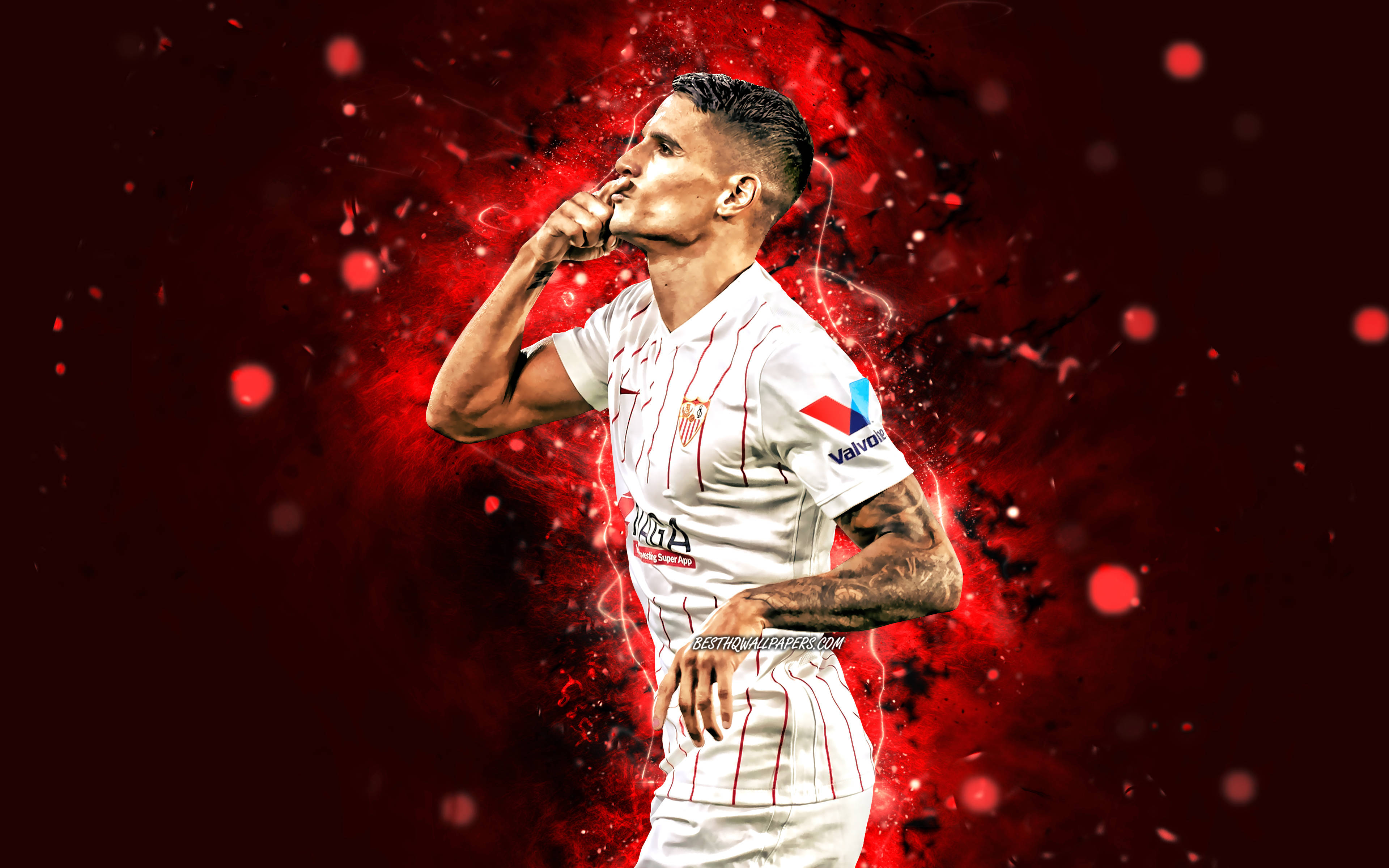Erik Lamela, white striped jersey, fist raised, 4K Desktop Wallpaper