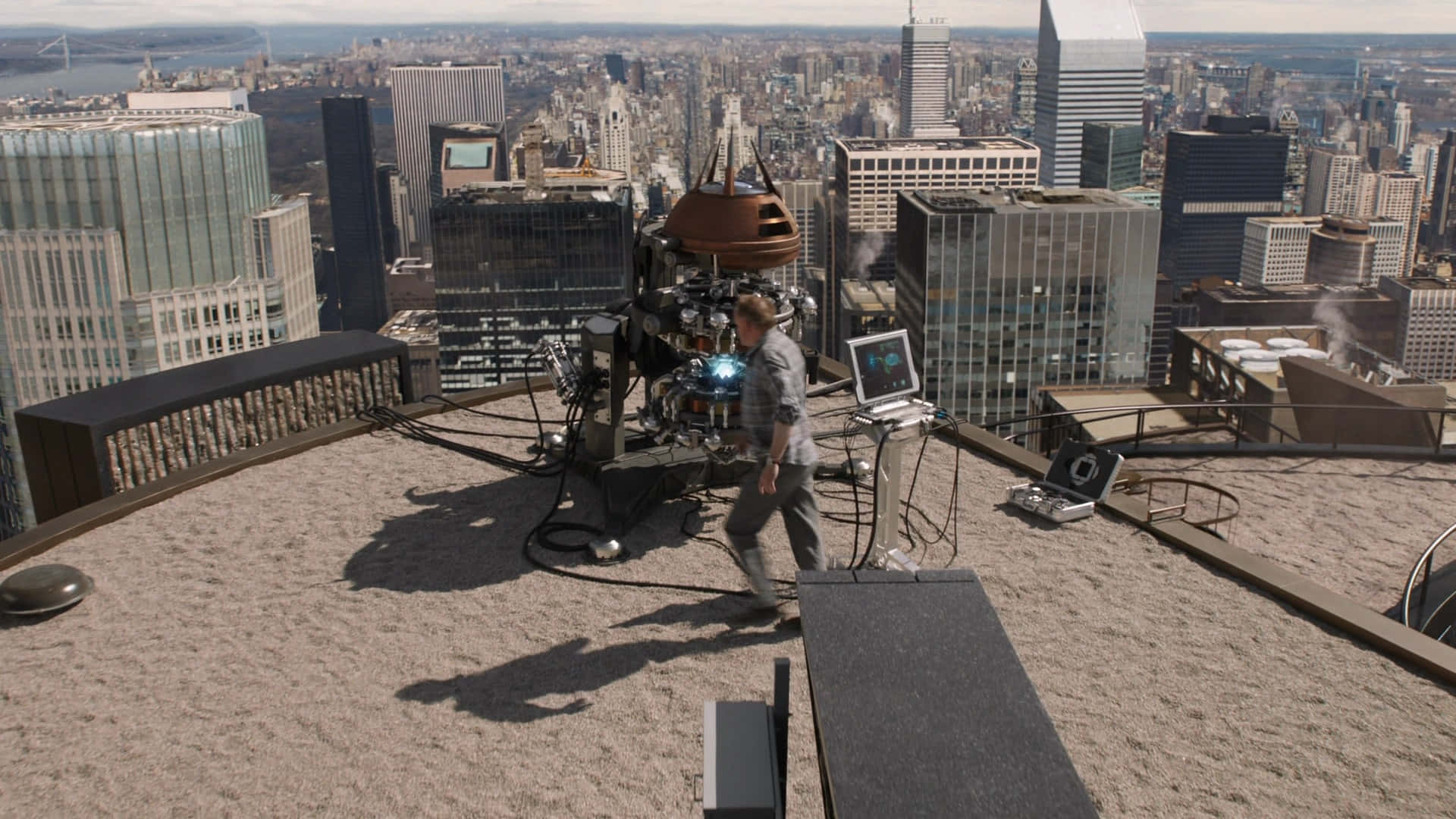 Erik Selvig, city rooftop, glowing sci-fi machine, Full HD Desktop Wallpaper