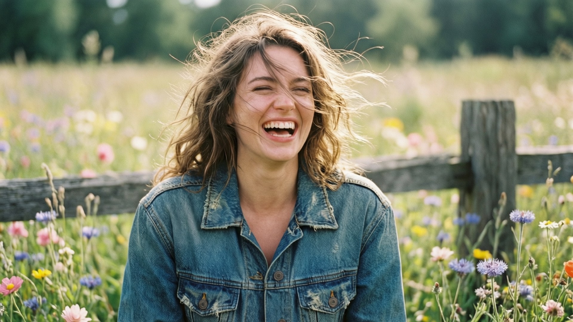 Erin Karpluk, wildflower laughter, colorful field, Full HD Desktop Wallpaper