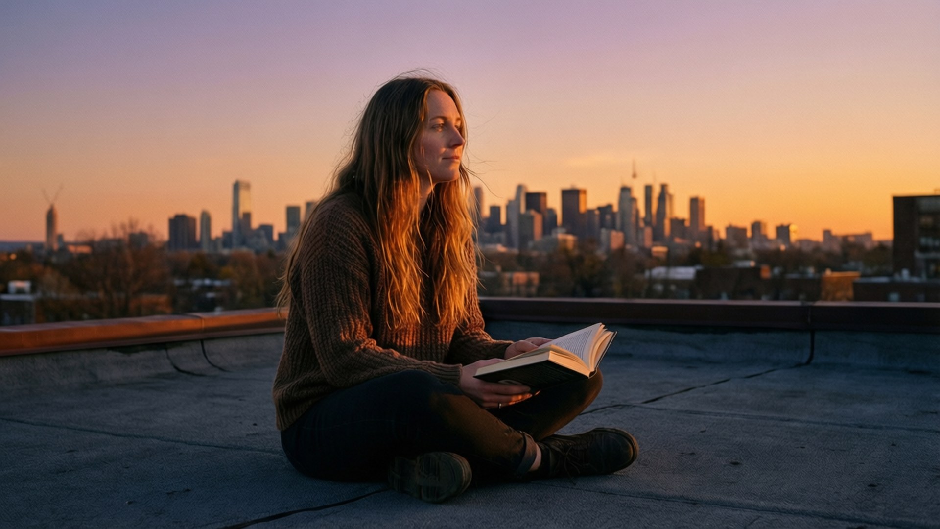 Erin Karpluk, Sunset, rooftop, Full HD Desktop Wallpaper