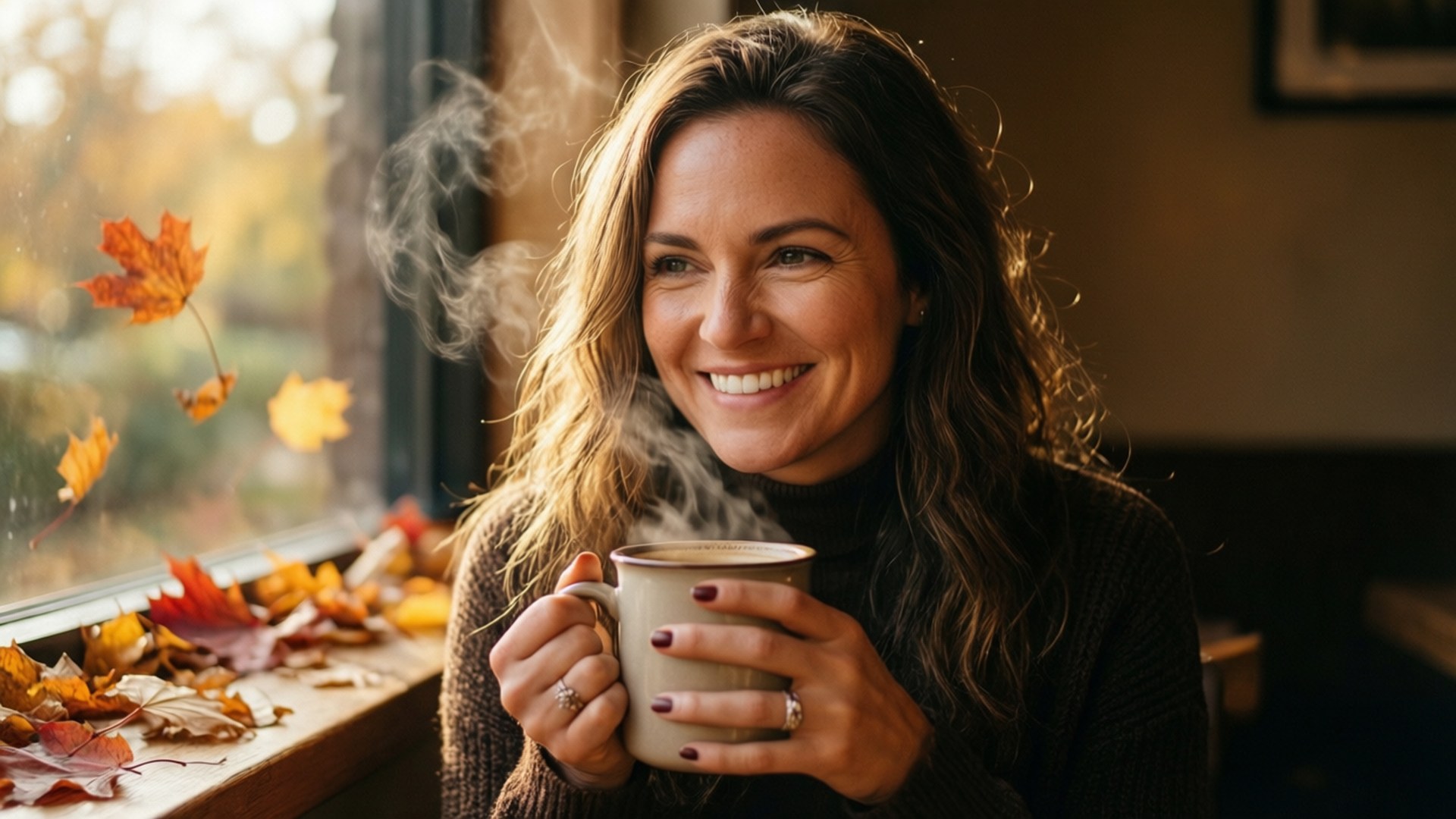 Erin Karpluk, cozy coffee, autumn morning, Full HD Desktop Wallpaper
