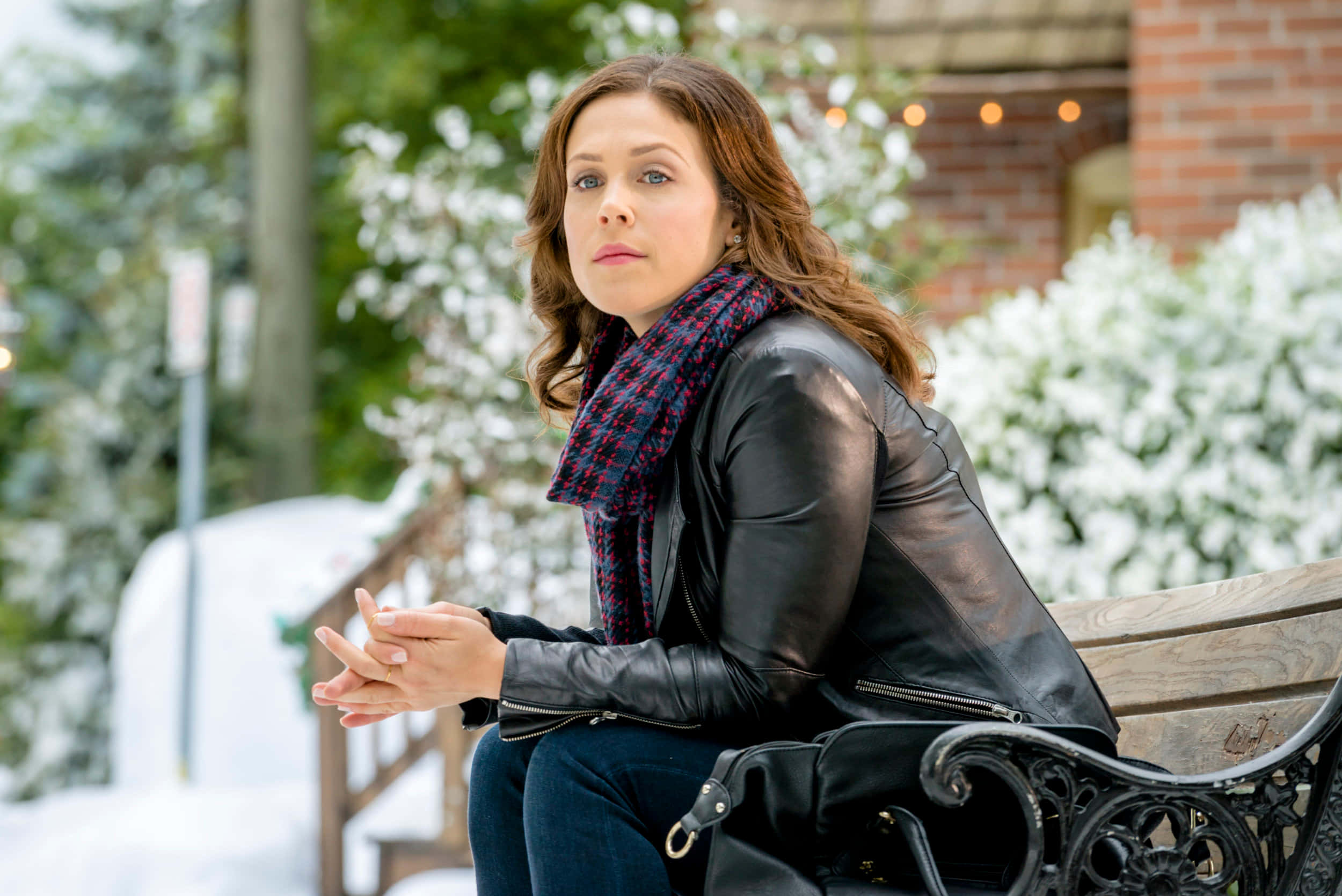 Erin Krakow, black leather jacket, plaid scarf, Full HD Desktop Wallpaper
