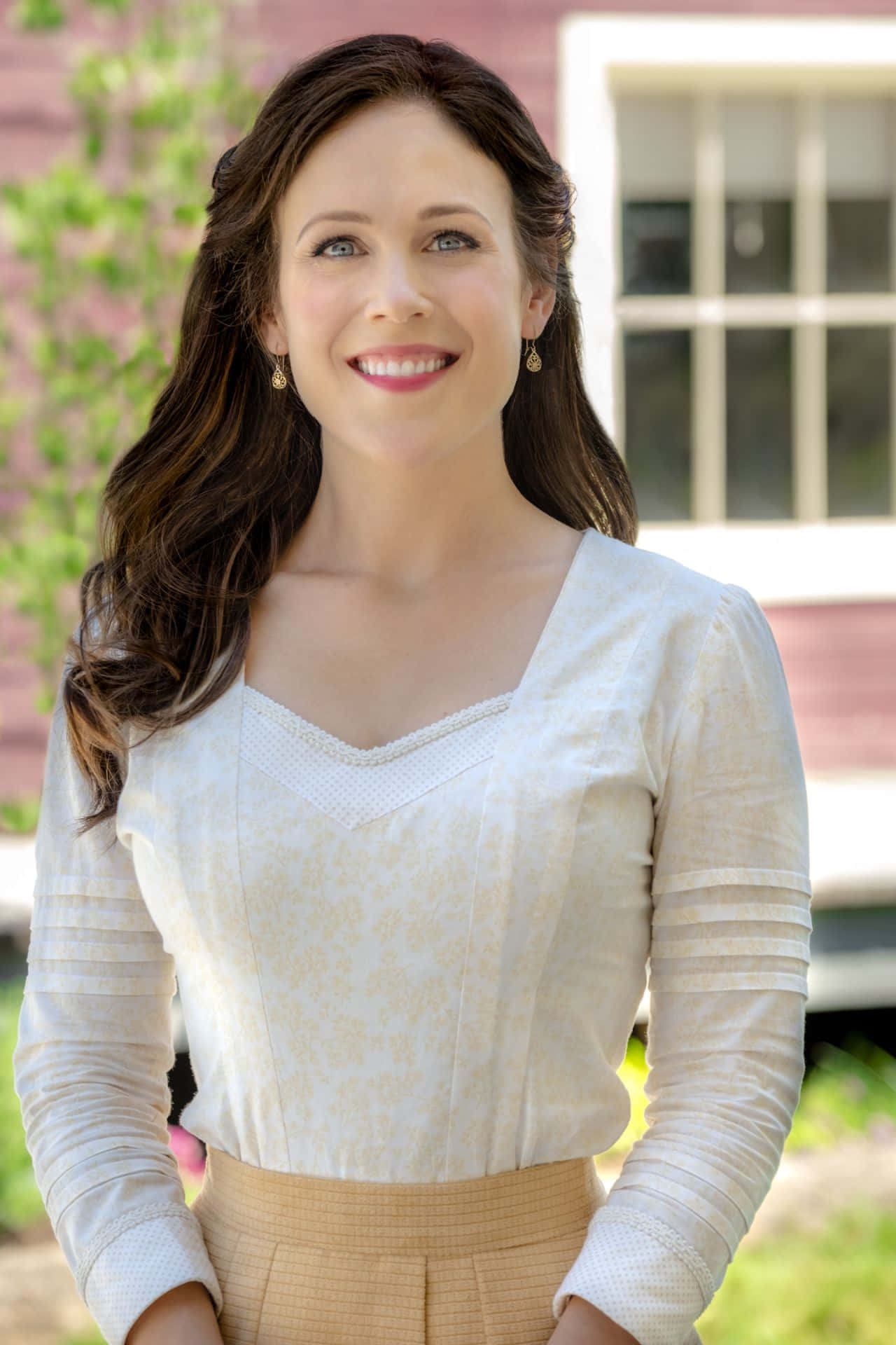 Erin Krakow, long brown hair, white patterned blouse, Full HD Phone Wallpaper