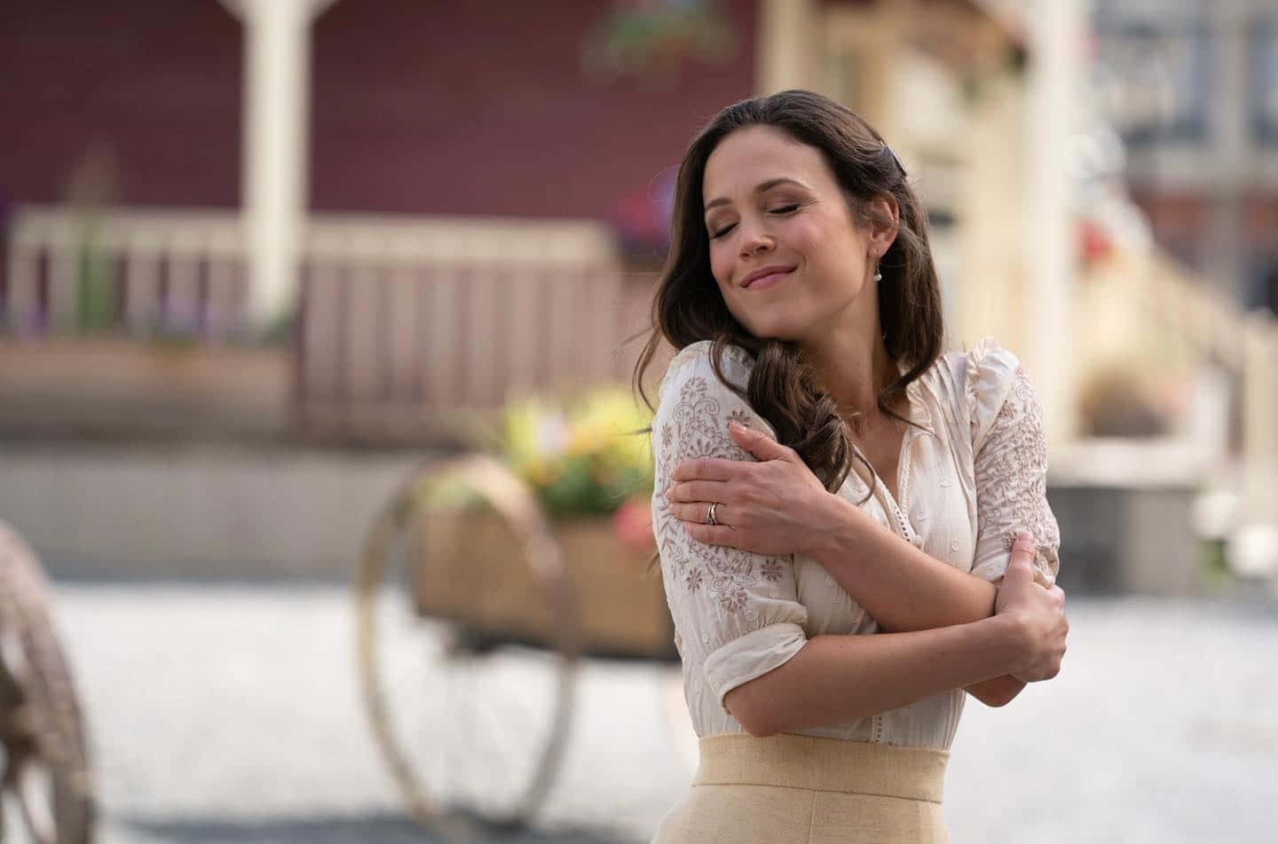 Erin Krakow, cream lace blouse, sunlit courtyard, HD Desktop Wallpaper