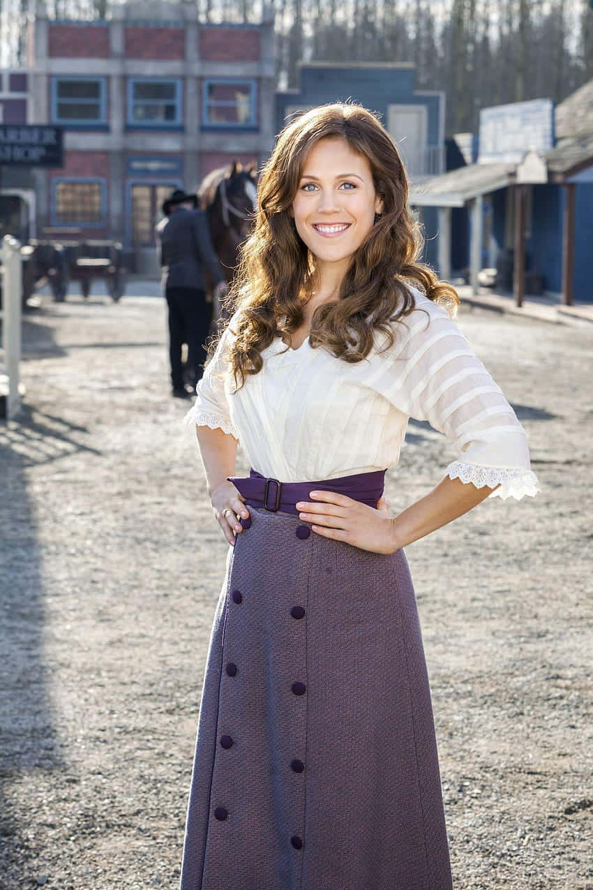Erin Krakow, white blouse, purple buttoned skirt, SD Phone Wallpaper