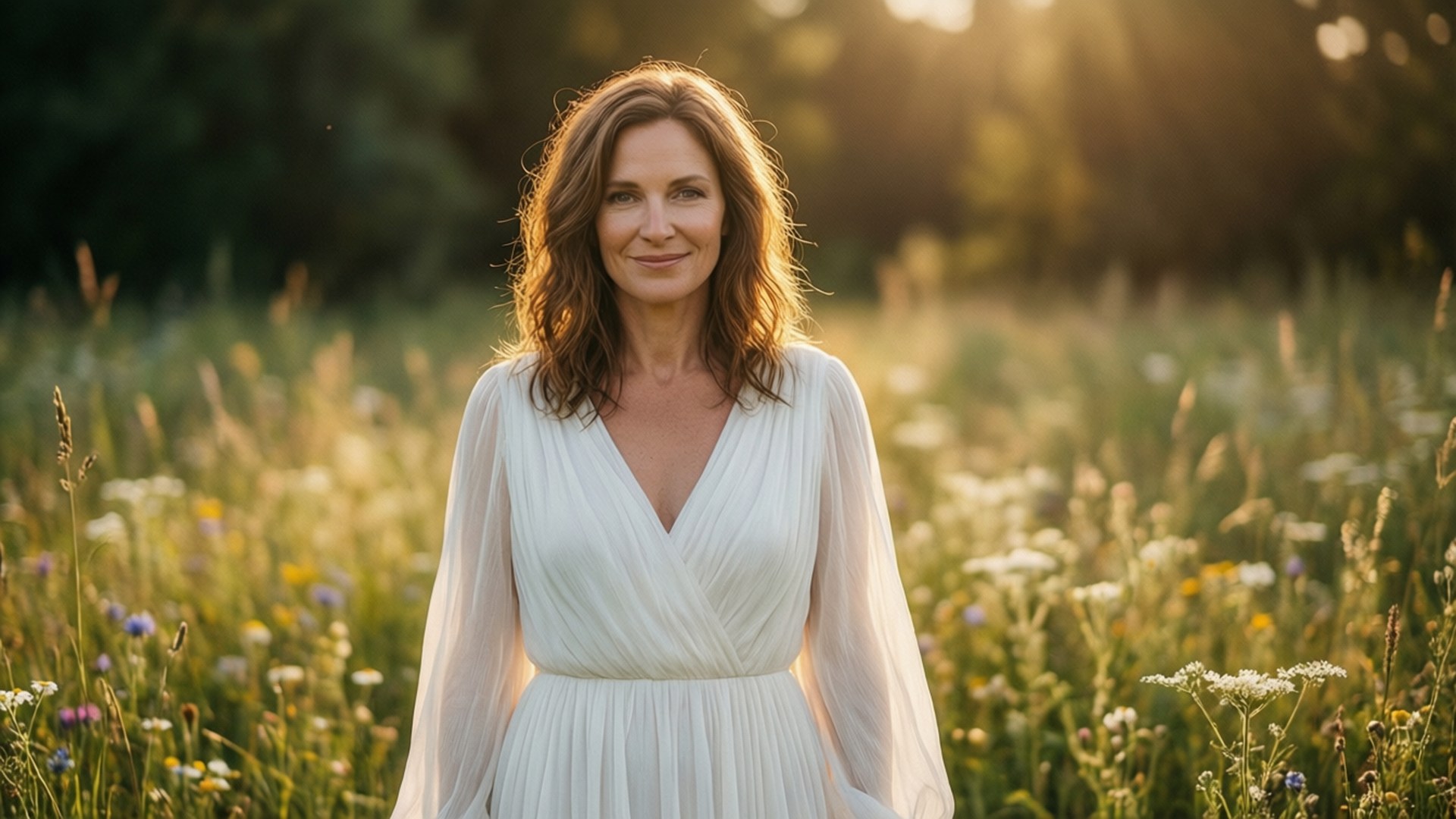 Erin Krakow, golden sunlight, wildflower meadow, Full HD Desktop Wallpaper