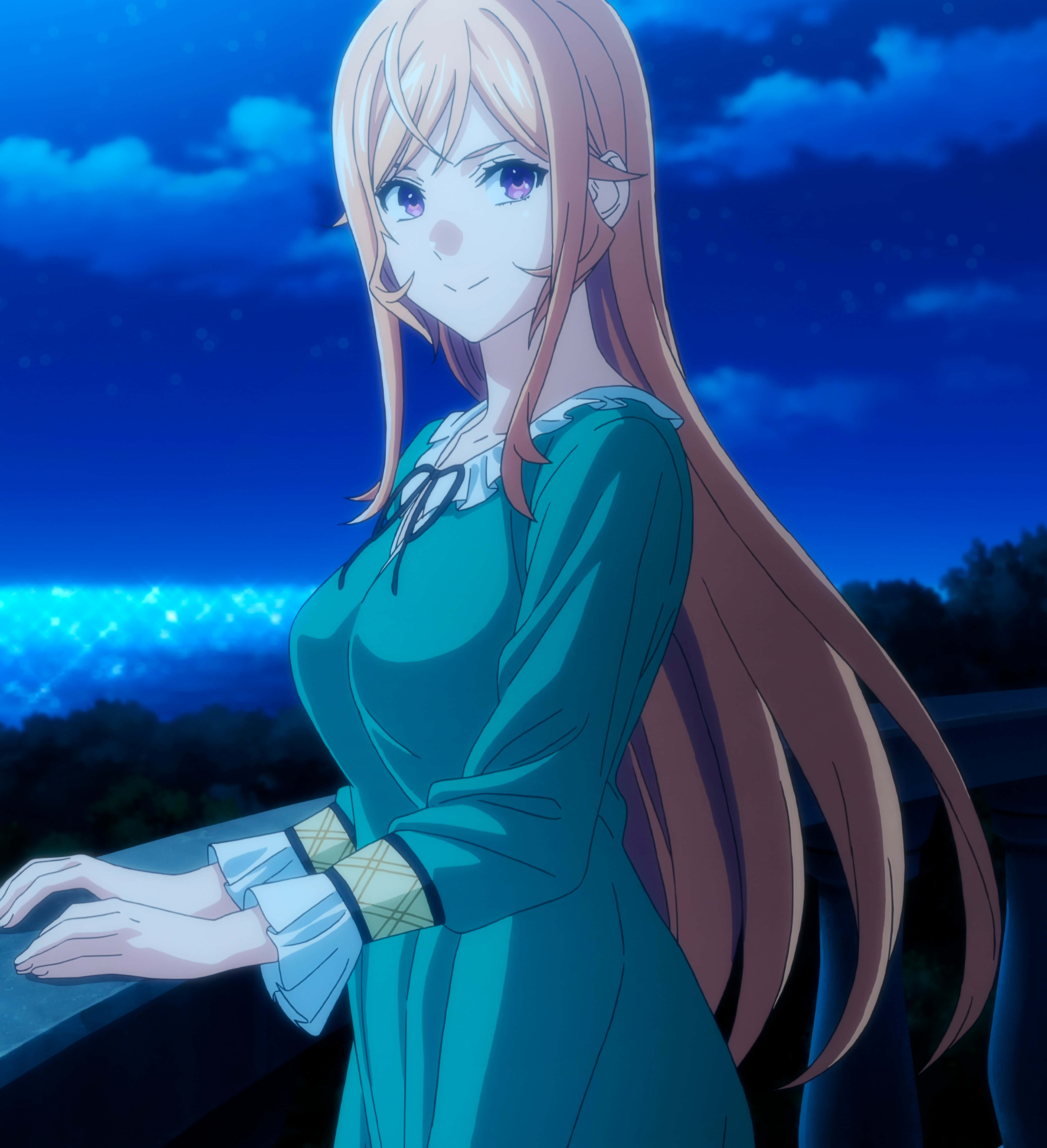 Erina Nakiri, nighttime balcony, starry blue sky, 5K Phone Wallpaper