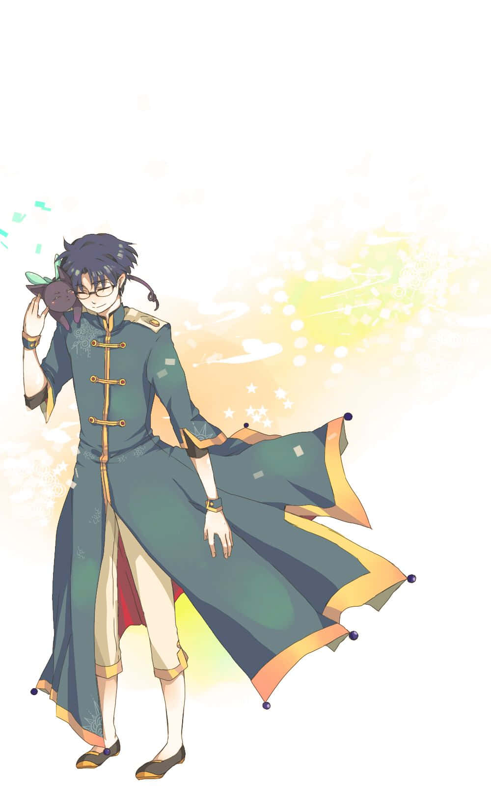 Eriol Hiiragizawa, green and gold traditional robe, small black cat, HD Phone Wallpaper