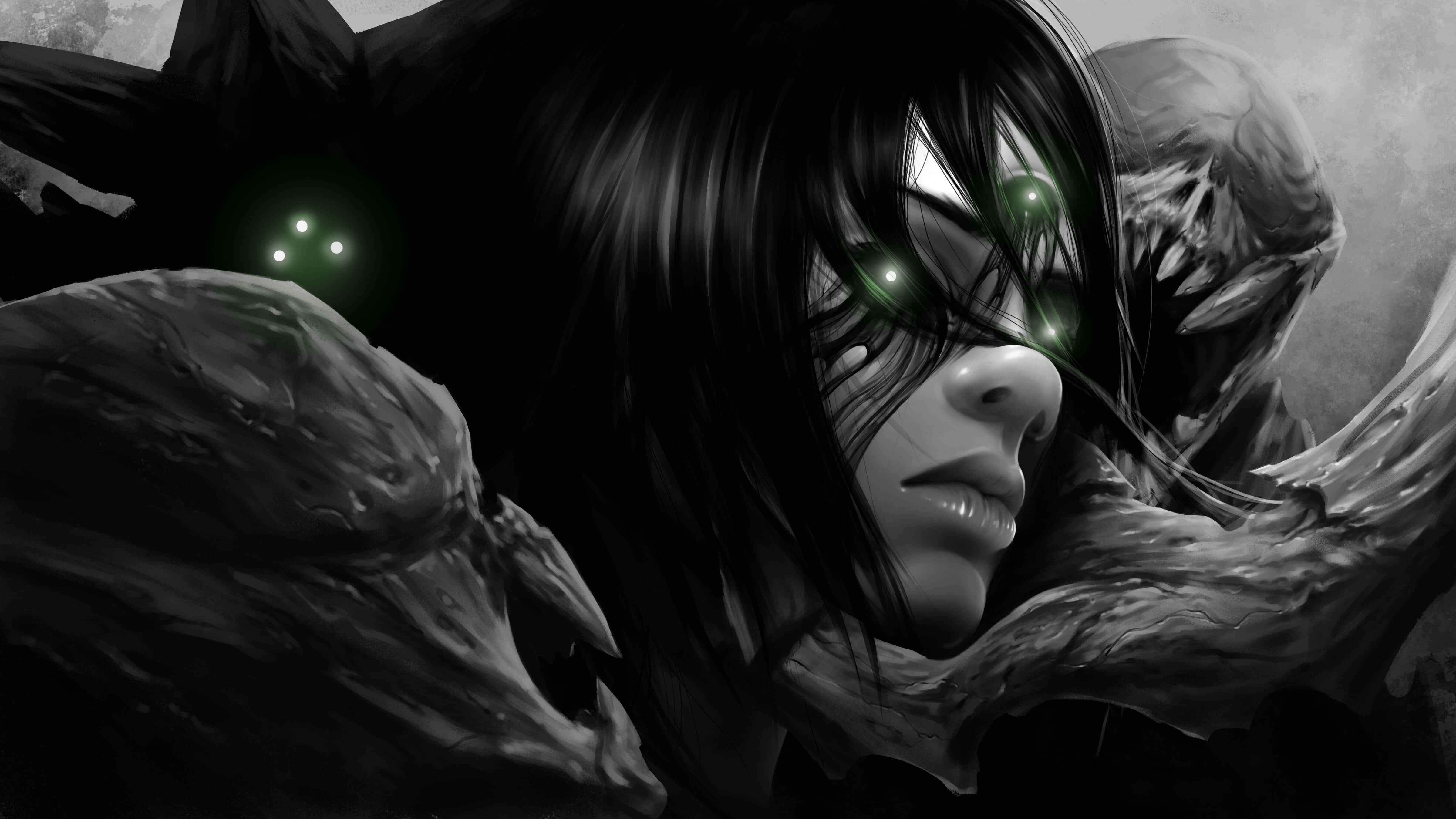 Eris Morn, glowing green eyes, monstrous skeletal figures, 4K Desktop Wallpaper
