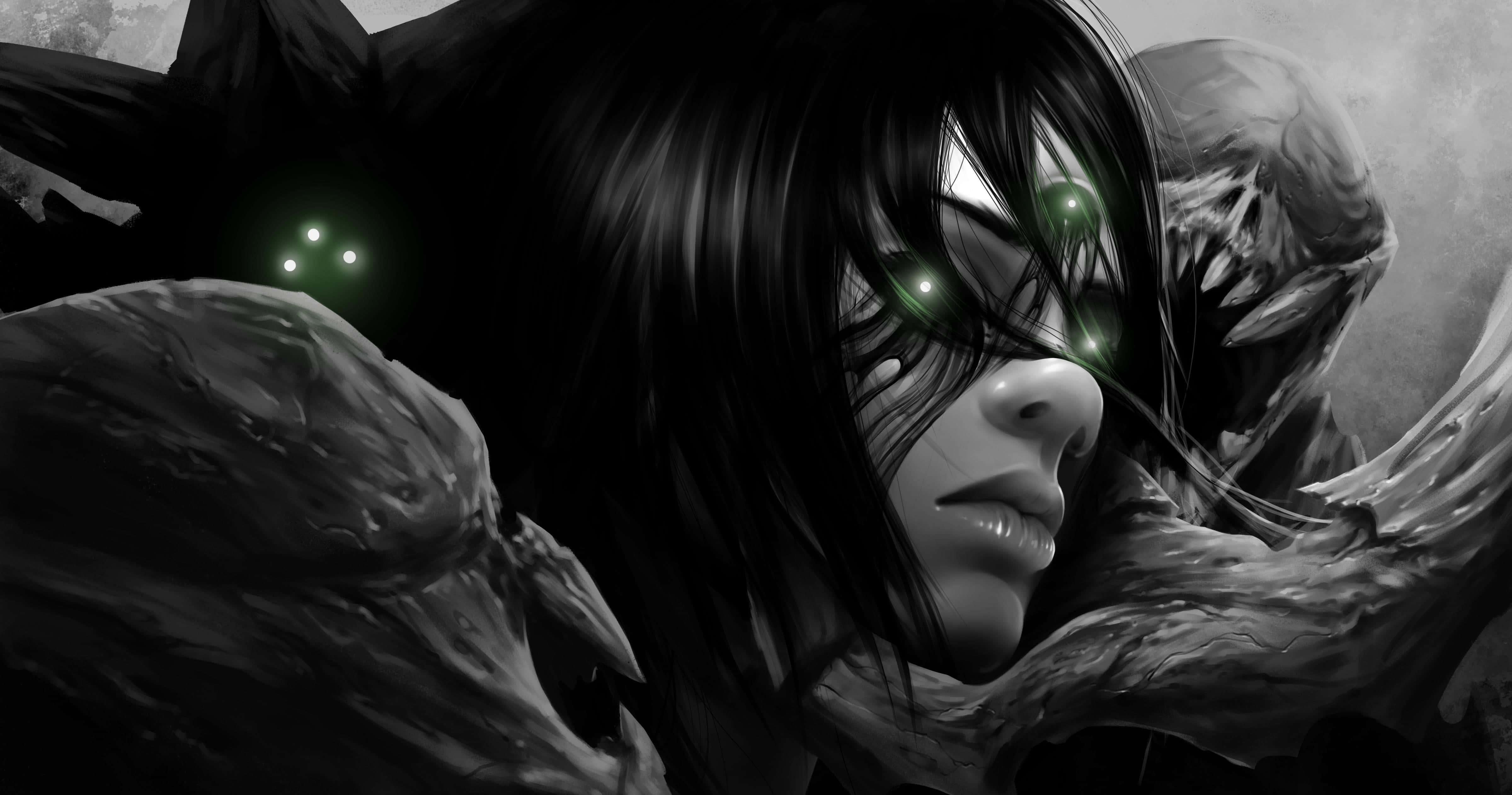 Eris Morn, glowing green eyes, monochrome portrait, 4K Desktop Wallpaper