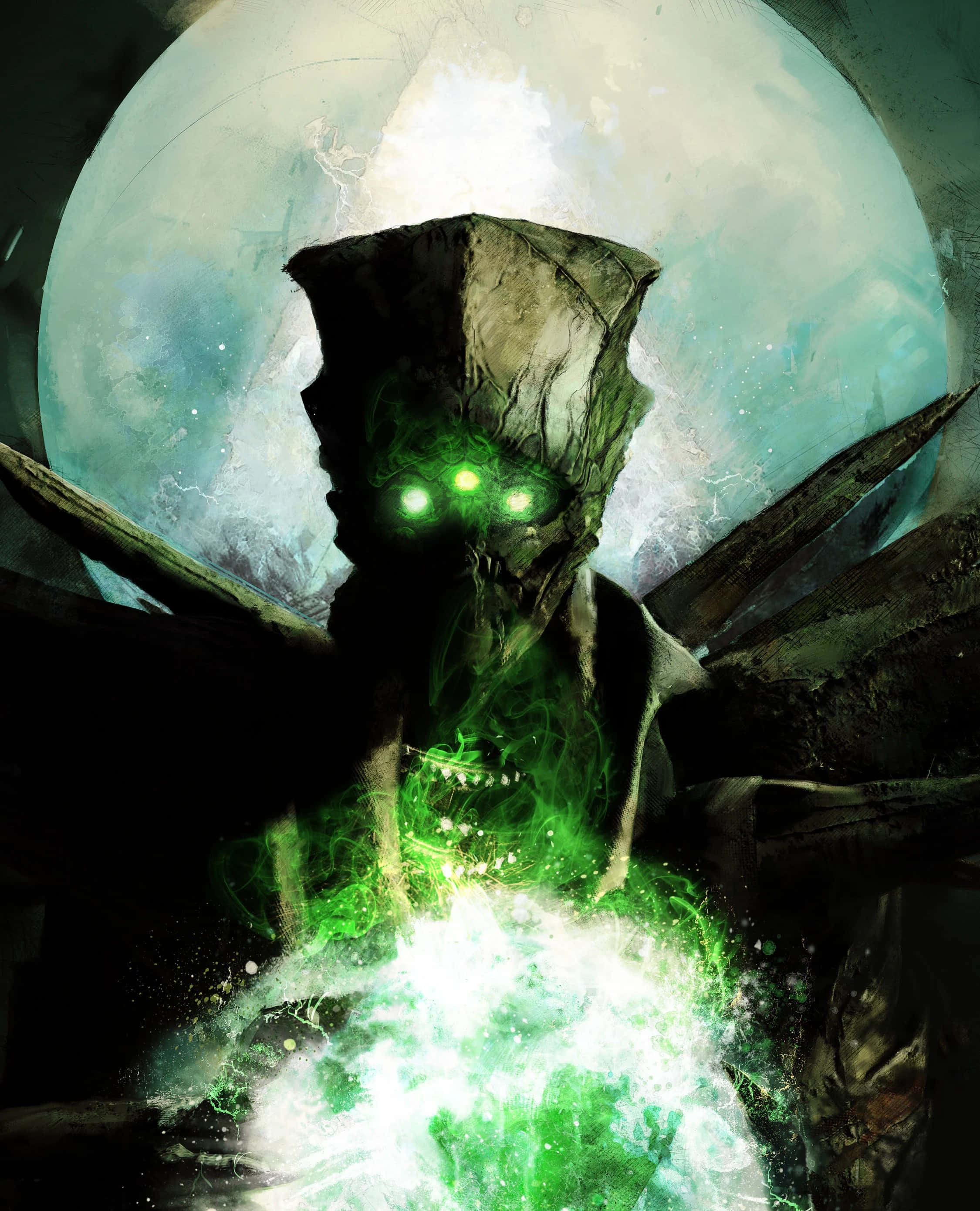 Eris Morn, green eyes, fiery green aura, 2K Phone Wallpaper