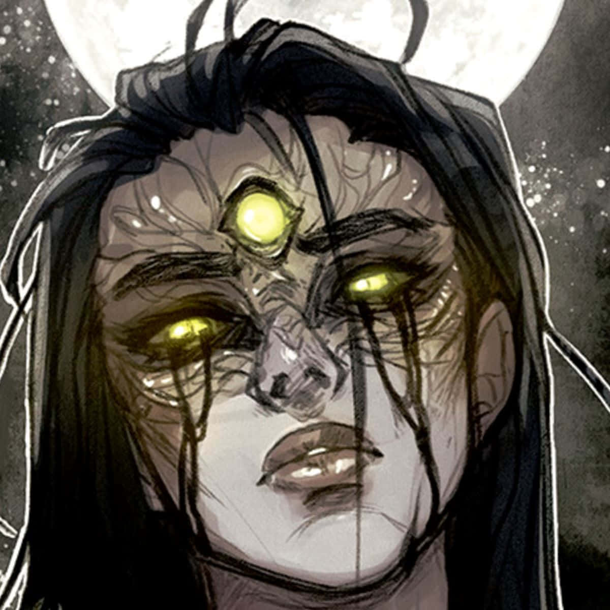 Eris Morn, glowing yellow eyes, third eye, SD Desktop Wallpaper