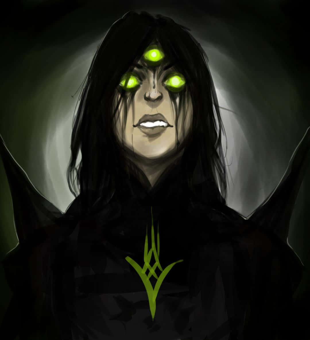 Eris Morn, glowing green eyes, third eye on forehead, SD Phone Wallpaper